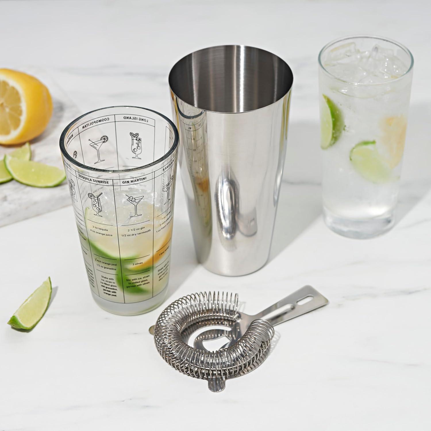 True 3-Piece Barware Set with 7 Cocktail Recipes and Measurements Printed on Mixing Glass, Glass and Stainless Steel, Multicolor