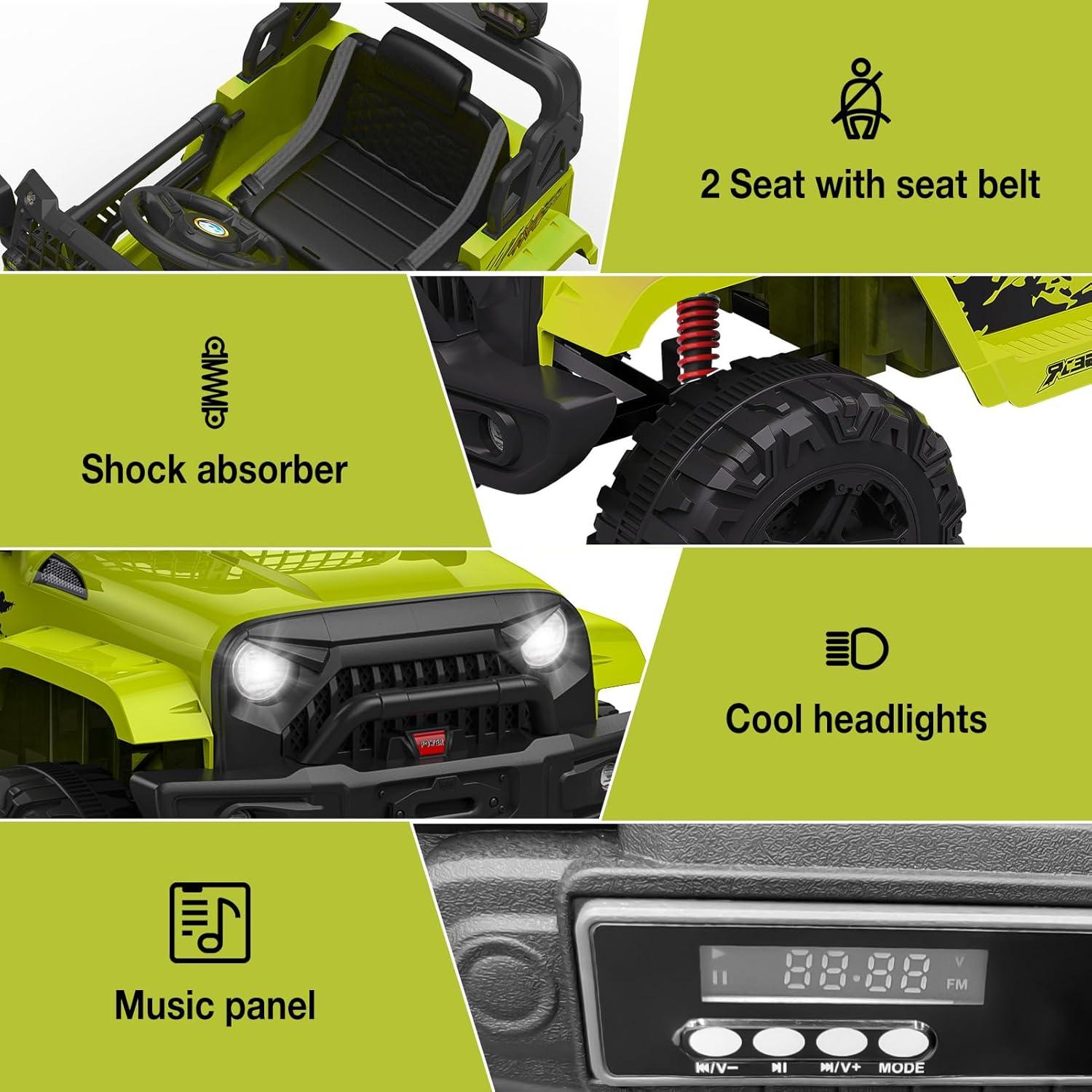 Ride on Truck Car 12V Kids Electric Vehicles with Remote Control Spring Suspension, LED Lights, Bluetooth, 2 Speeds