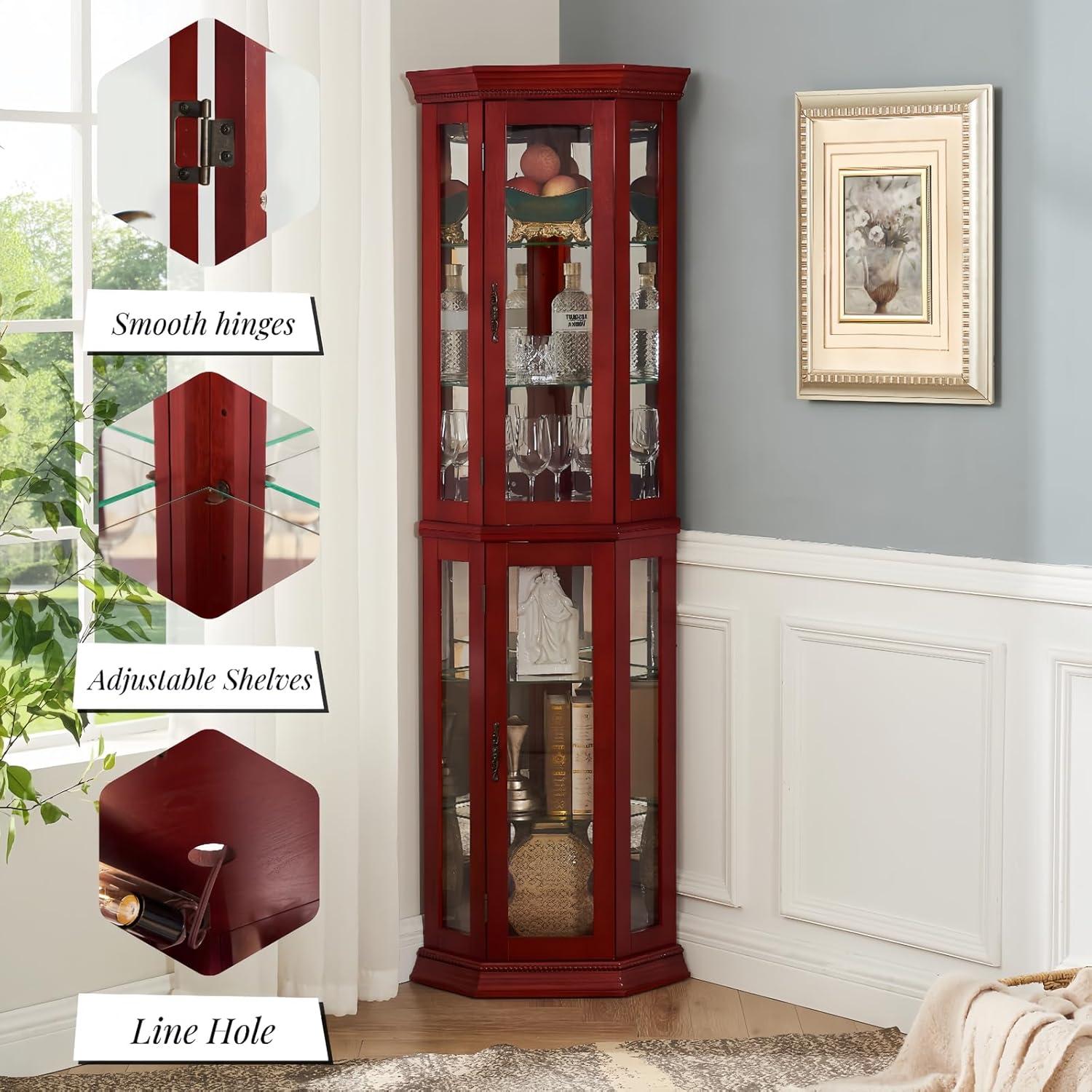 Lighted 3-Side Glass Display Curio Cabinet with Tempered Glass Doors and Shelves, Curved Wood Corner Cabinet with Bulb, Cherry