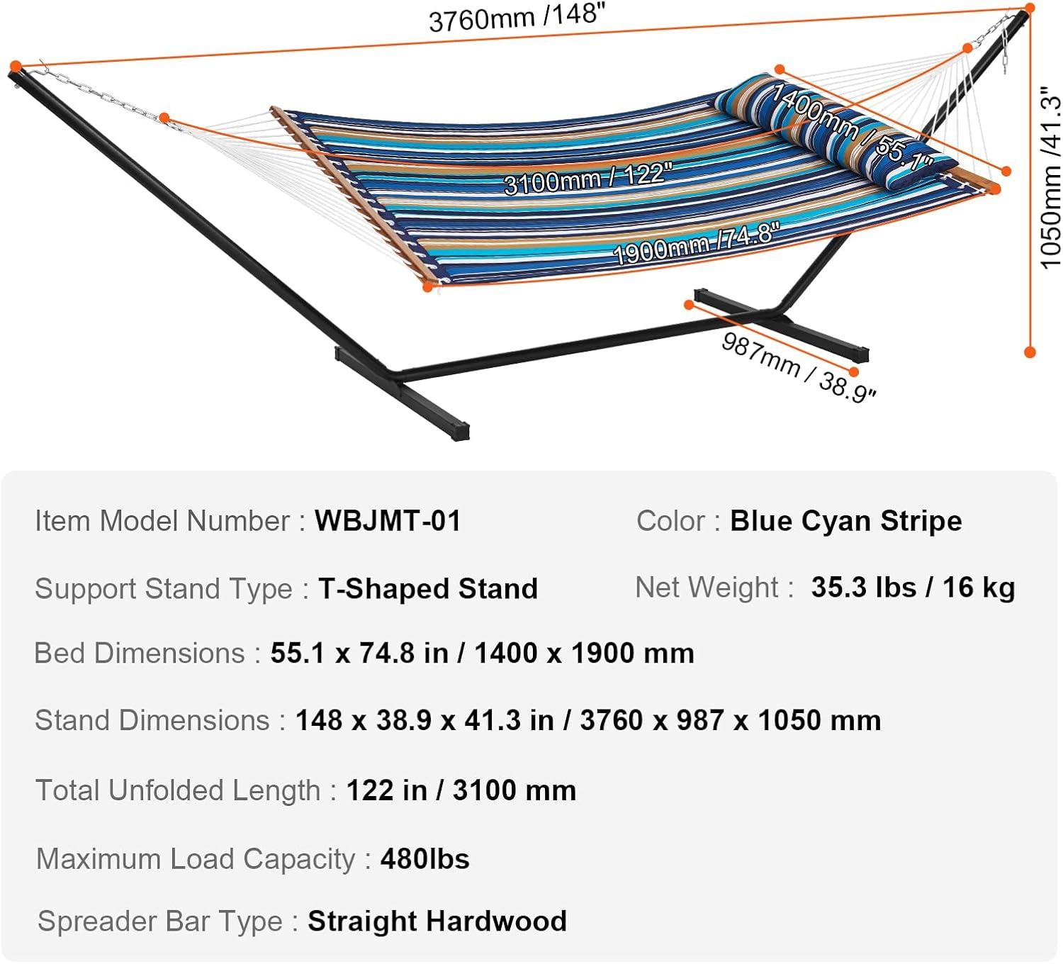 2 Person 12.3 ft Hammock with Stand Included Double Hammock with Curved Spreader Bar and Detachable Pillow