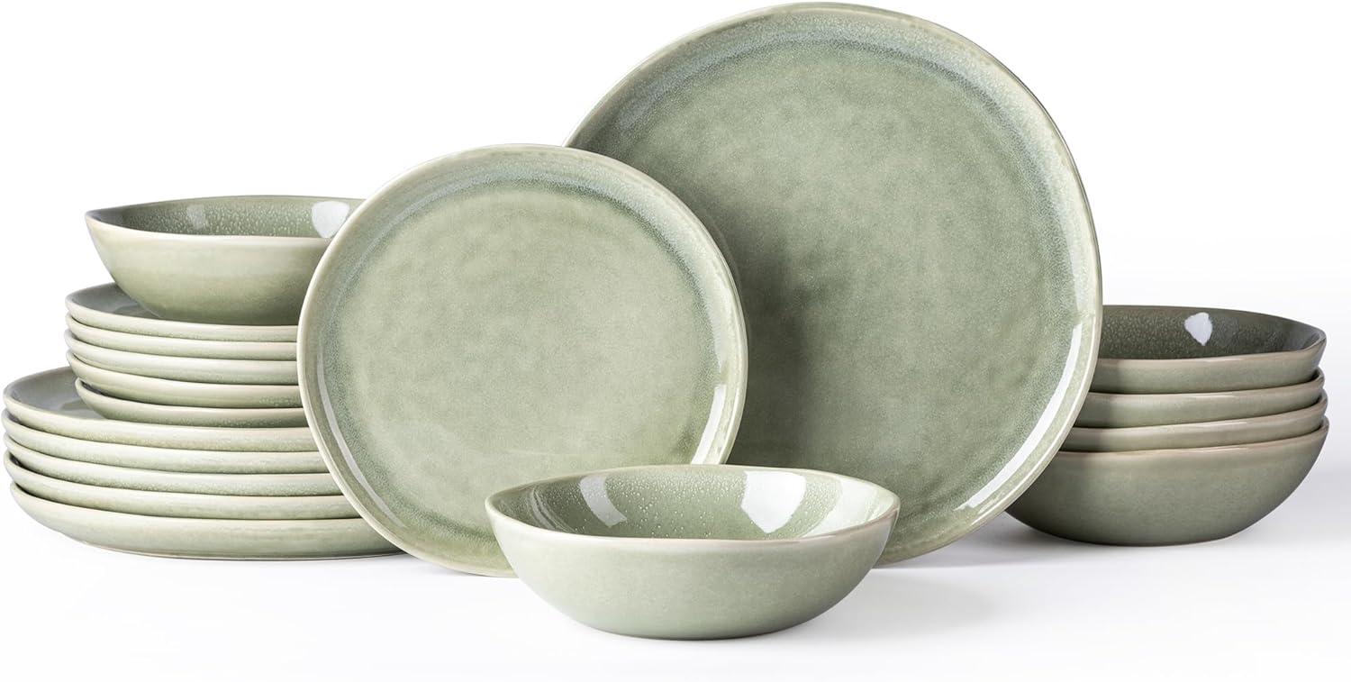 Olive Green and White Ceramic Dinnerware Set for 4