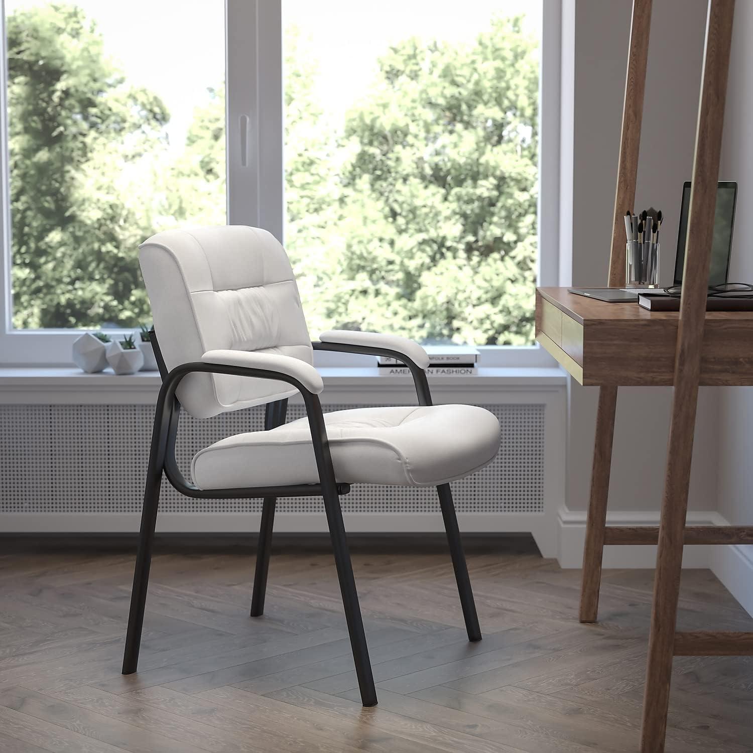 Modern White LeatherSoft Side Reception Chair with Black Metal Frame