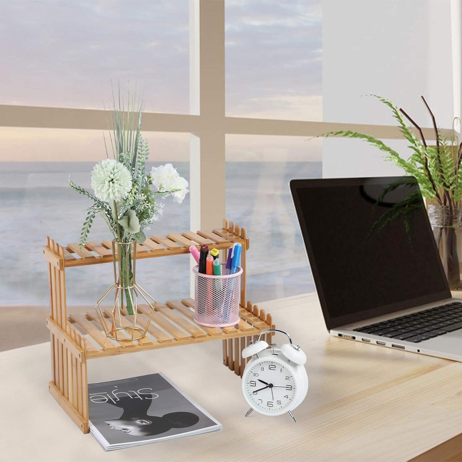 14.6"/18.5" 2 Tiers Bamboo Plant Stand Shelf,Desk Flower Pot Holder,Adjustable Desktop Shelf Display Organizer Ladder Rack For Office Decorate Storage Rack,Kitchen rack (14.6" Length)