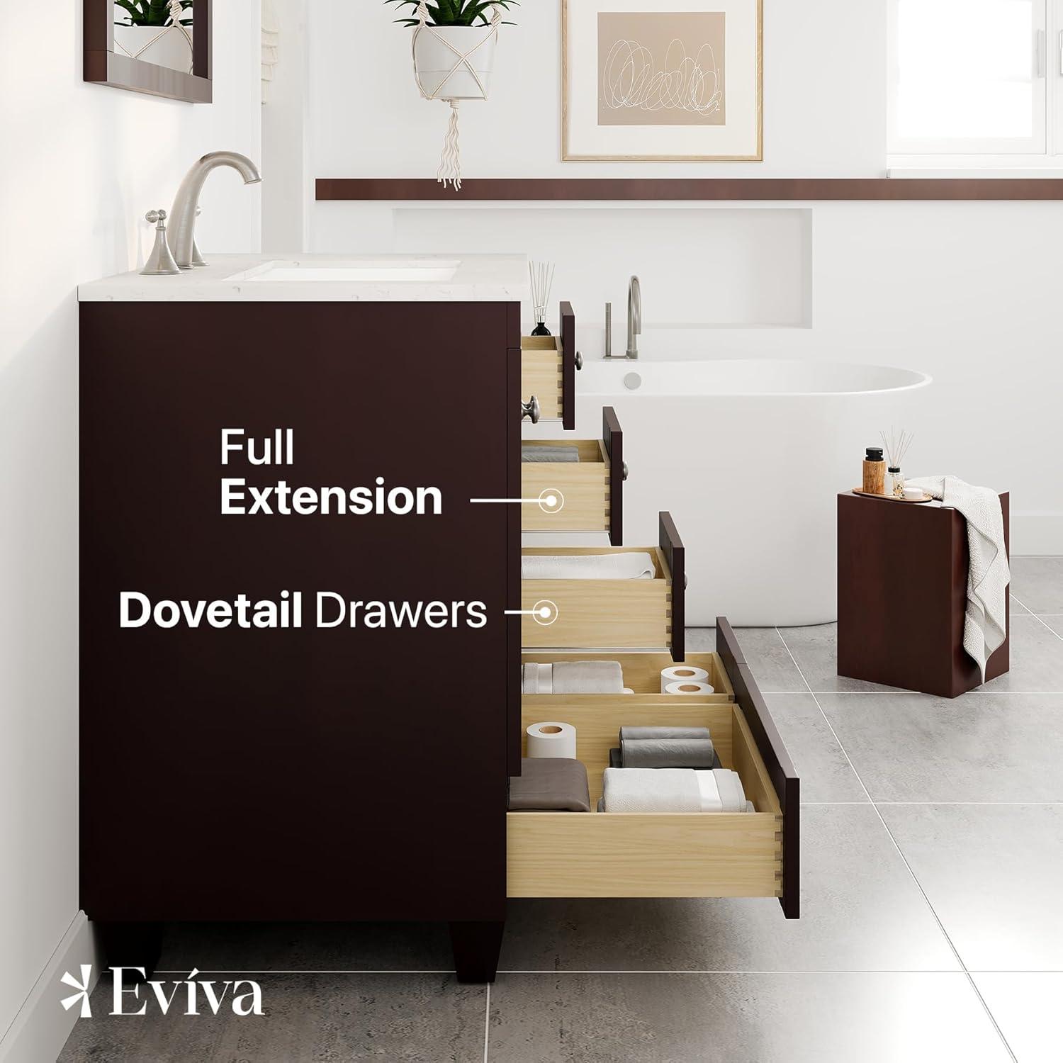 Eviva Acclaim 30"W x 22"D Teak Bathroom Vanity with White Carrara Quartz Vanity Top and Rectangular Undermount Sink