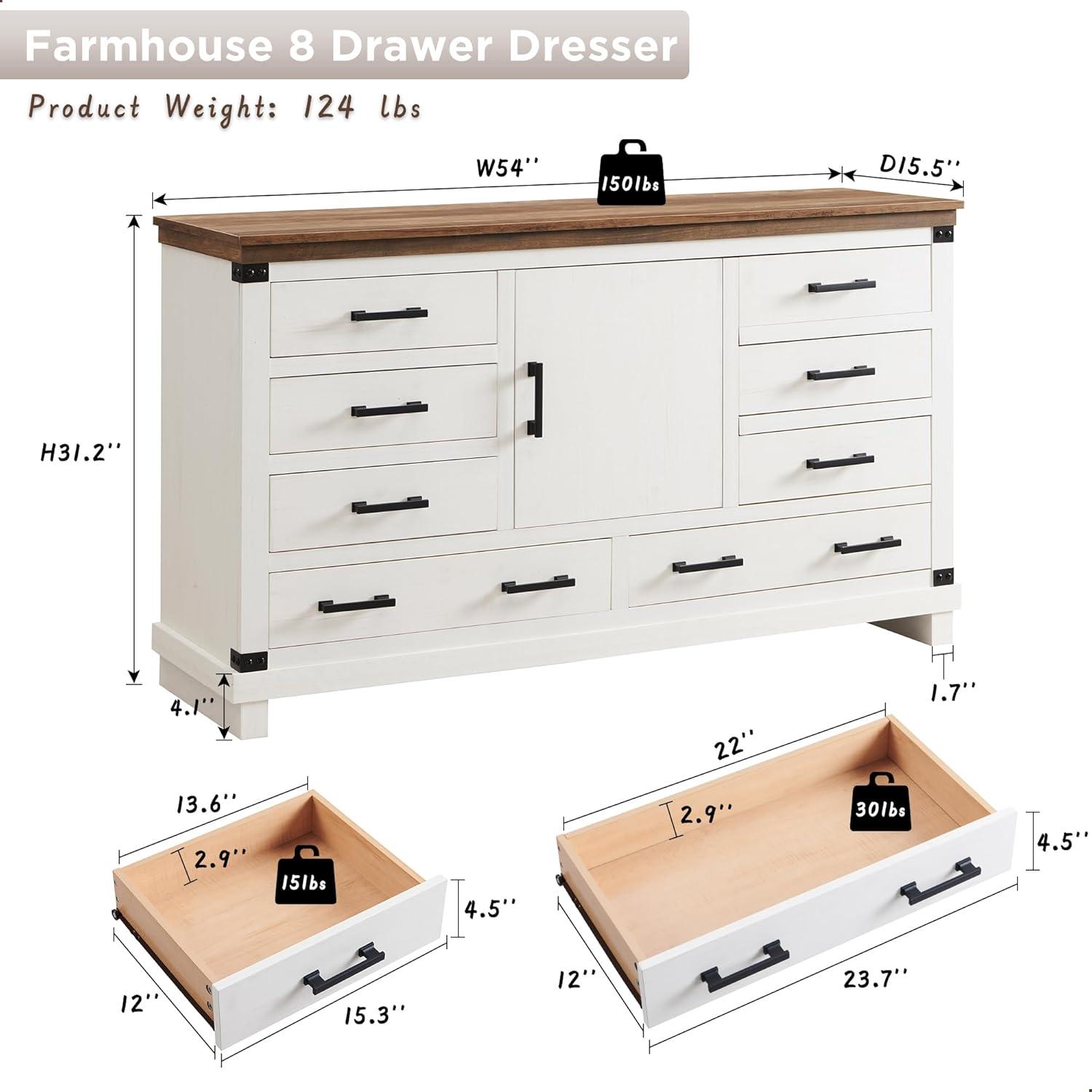 OKD Farmhouse 8 Drawer Dresser for Bedroom with Adjustable Shelf, Wood Long Chest of Drawers with Thick Plank Styling, Rustic Large Closet Dresser for Bedroom, Living Room, Antique White