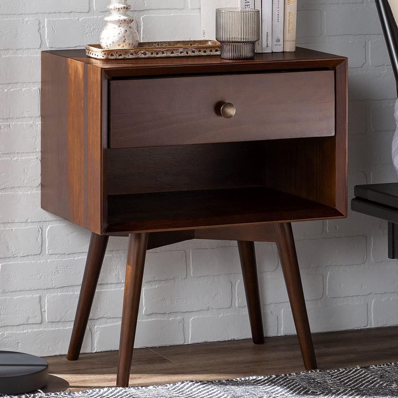 Walker Edison 2-Piece Mid-Century Solid Pine Wood Bedroom Nightstand in Walnut