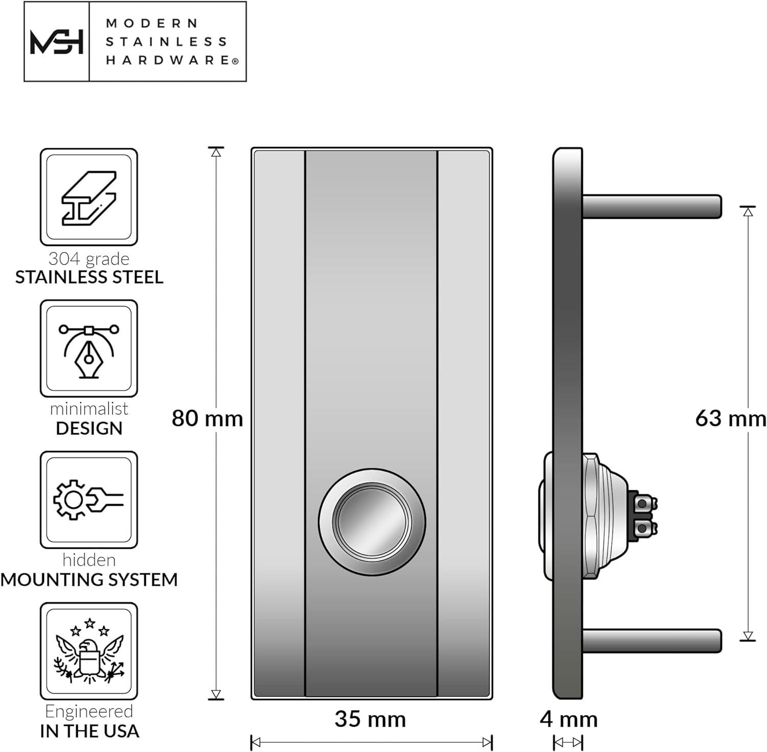 Modern Stainless Steel Minimalist Doorbell Button, 1.37” x 3.14” x 5/32”