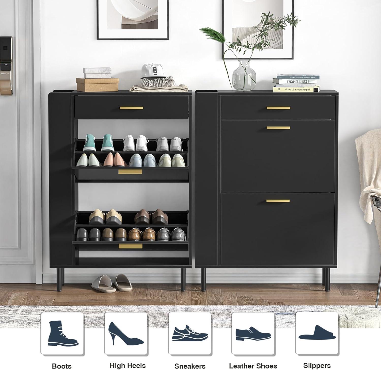 Shoe Cabinet Storage for Entryway  Freestanding Slim Shoe Organizer Cabinet with 2 Flip Drawers  Narrow Shoe Rack with Open Shelves for Hallway  Living Room  White