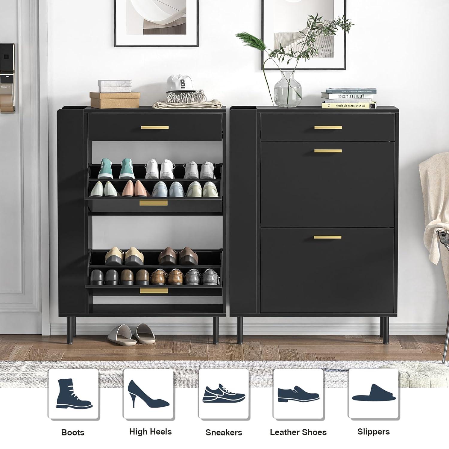 Shoe Cabinet Storage for Entryway  Freestanding Slim Shoe Organizer Cabinet with 2 Flip Drawers  Narrow Shoe Rack with Open Shelves for Hallway  Living Room  White