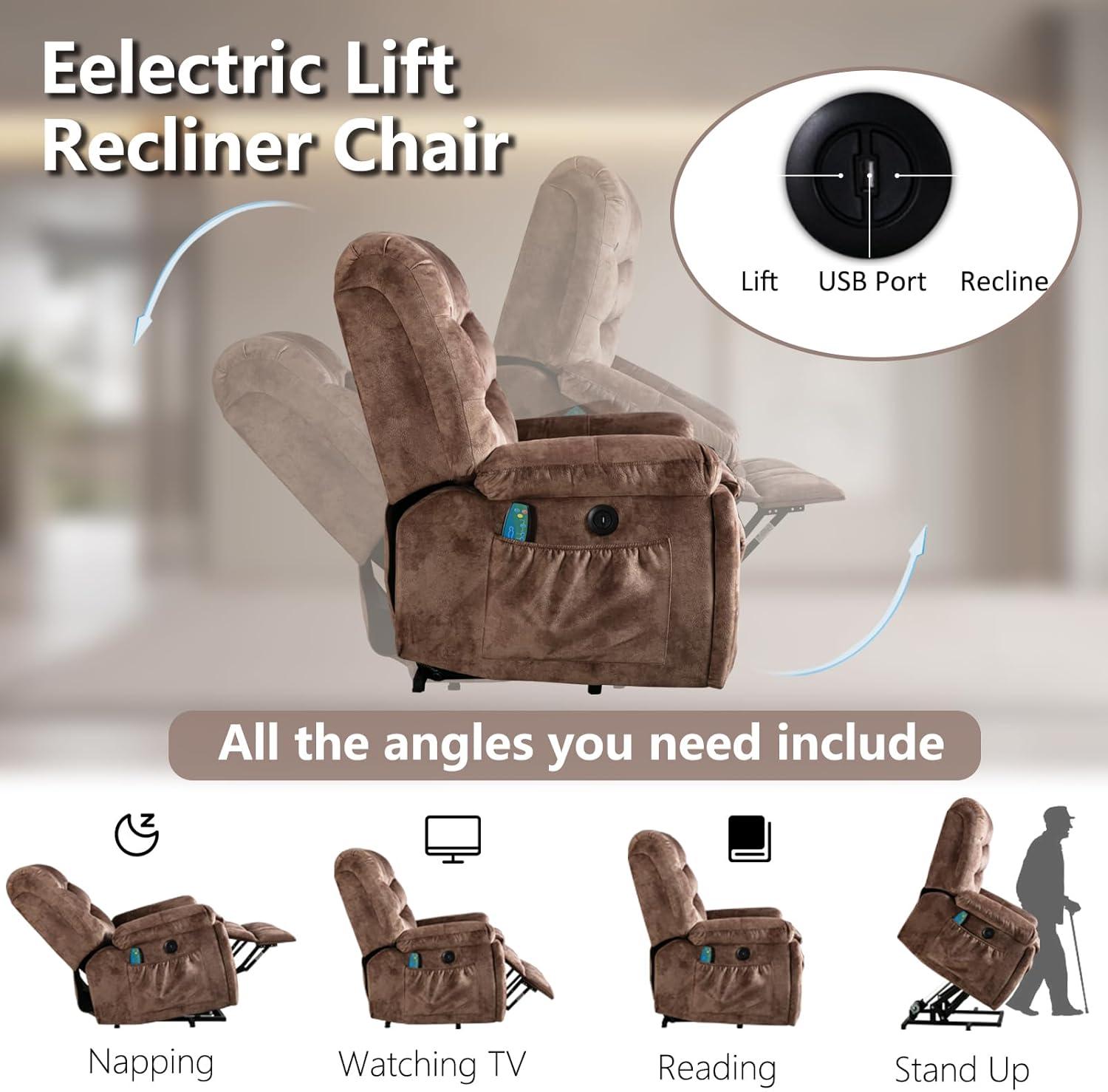 Phoenix Home Large Power Lift Recliner with Massage and Heat for Elderly, Heavy Duty & Safety Motion Reclining Mechanism, Ergonomic Electric Wider Chair with USB Port, 2 Hidden Cup Holders, Brown2