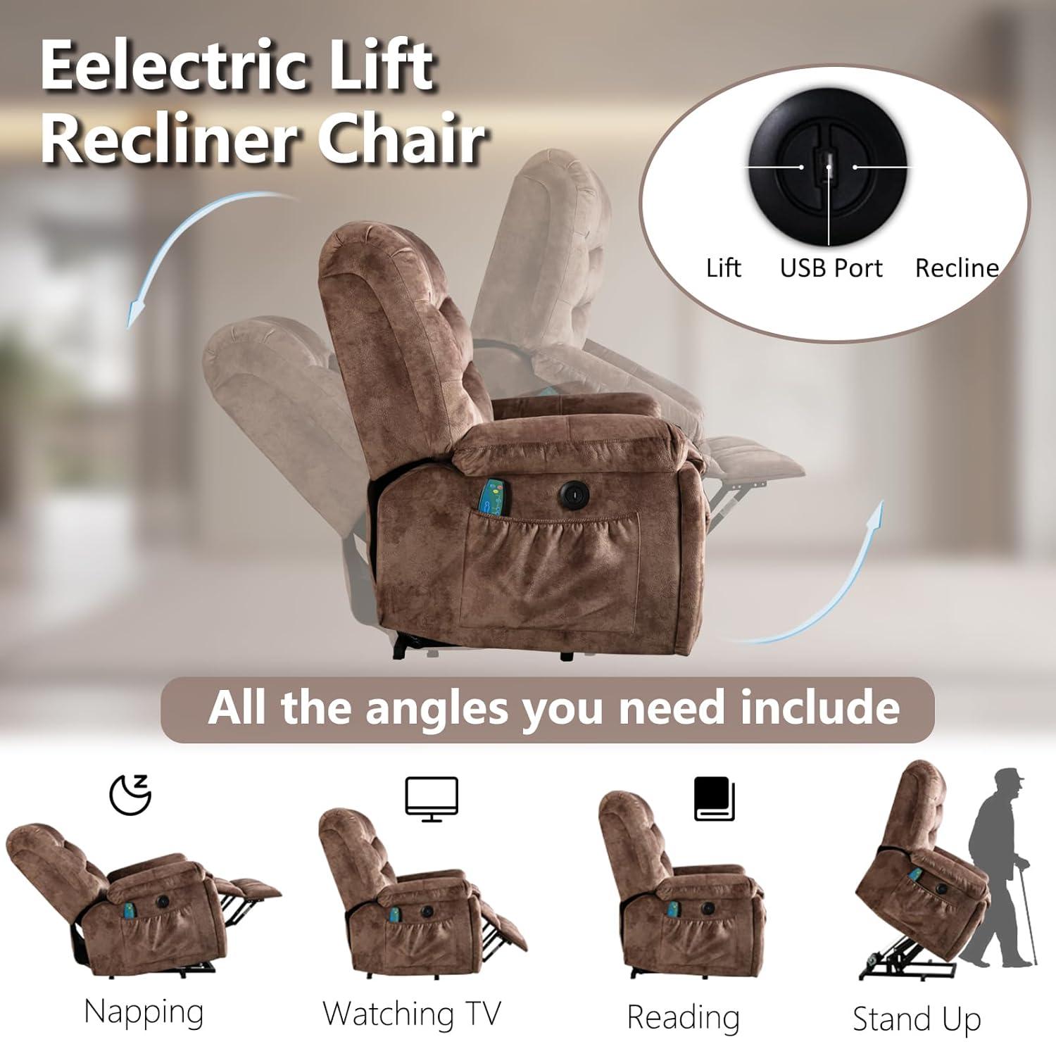 Phoenix Home Large Power Lift Recliner with Massage and Heat for Elderly, Heavy Duty & Safety Motion Reclining Mechanism, Ergonomic Electric Wider Chair with USB Port, 2 Hidden Cup Holders, Brown2