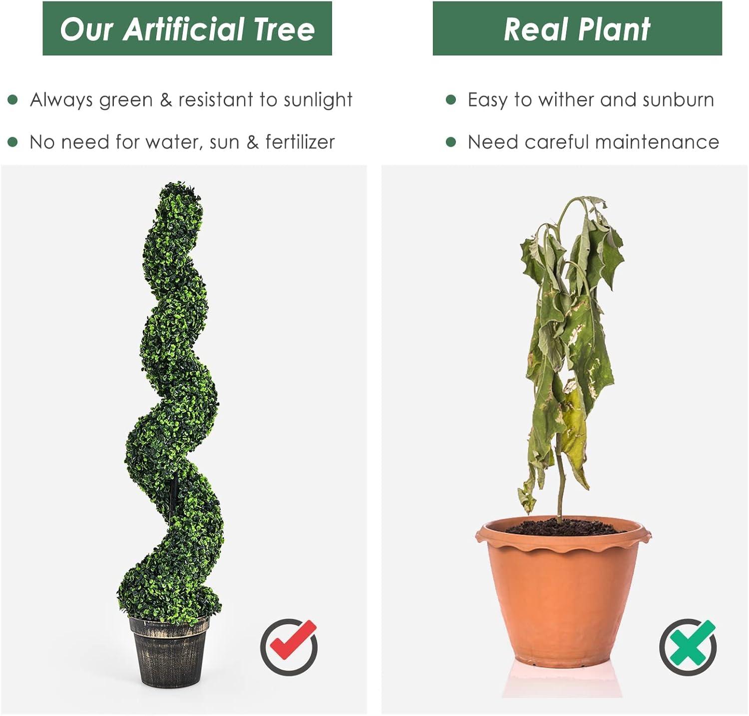 Goplus 4FT Artificial Spiral Boxwood Topiary Tree, 2 Pack Greenery Large Faux Plant in Cement-Filled Plastic Pot, Tall Fake Plant for Indoor Outdoor Home Front Porch Decor