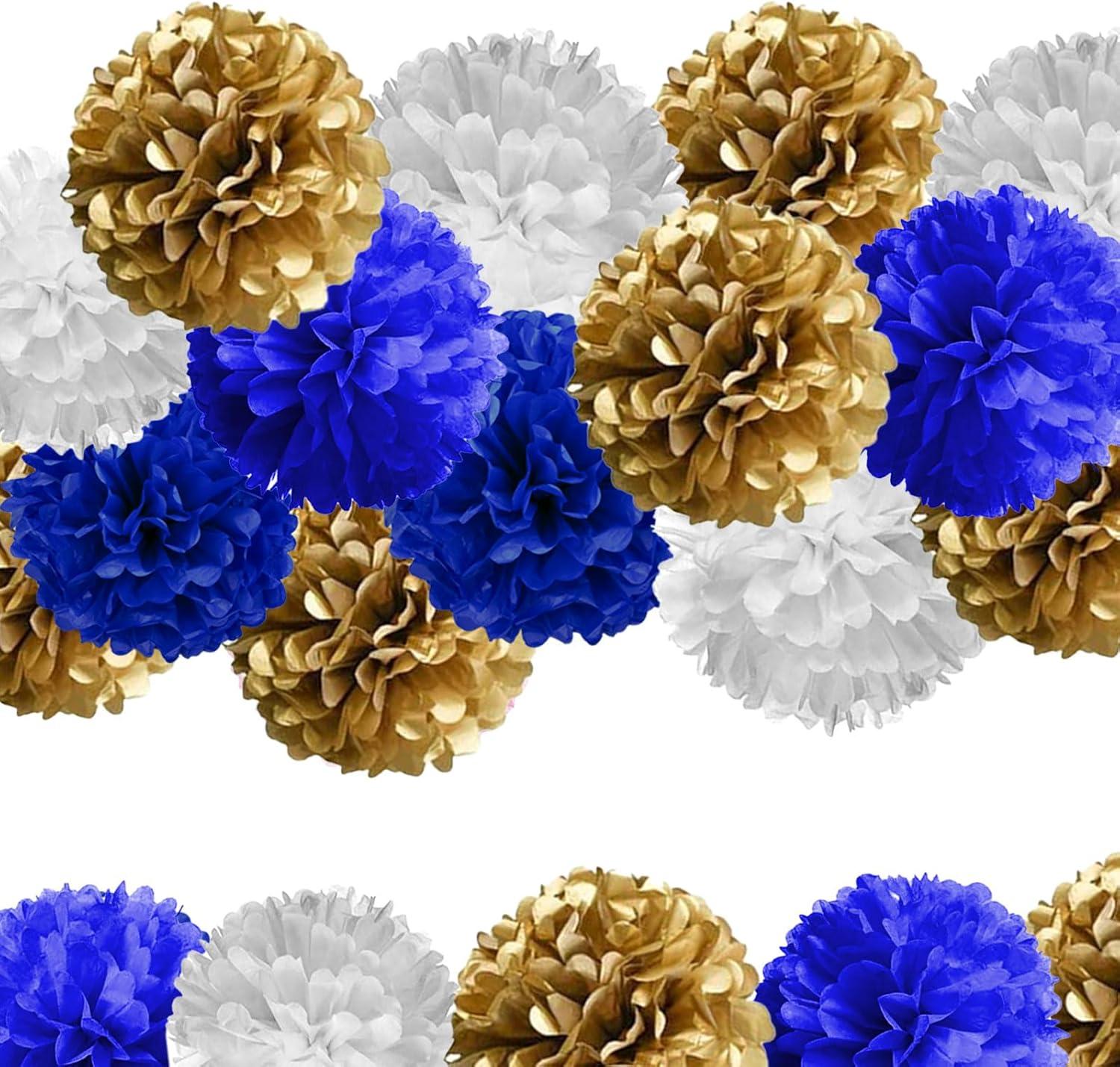 AIM & GGKK Paper Pom Poms Gold Gradient Navy Blue and White Tissue Hanging Paper Pom Poms,Flower Ball Wedding Birthday Party Decoration(12pcs)