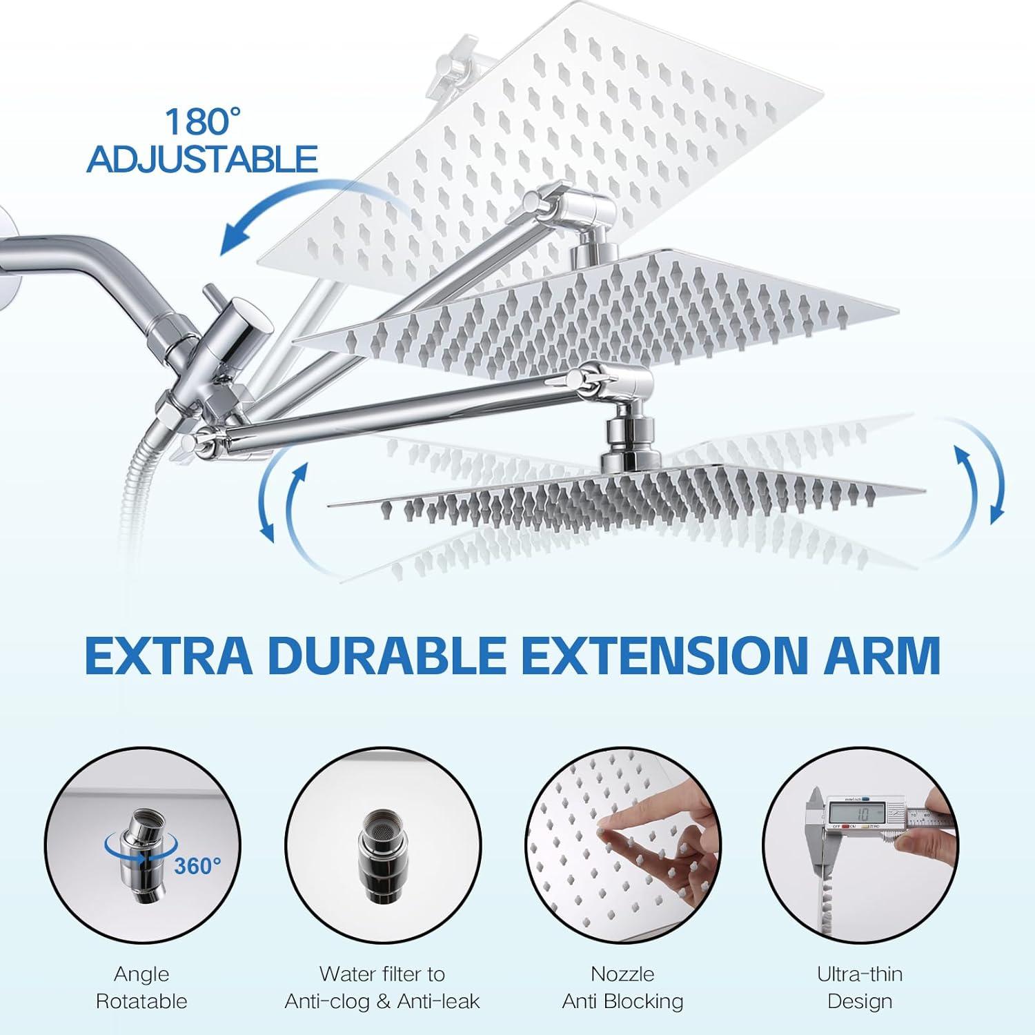 Chrome Dual Shower Head with Handheld Spray and Adjustable Arm