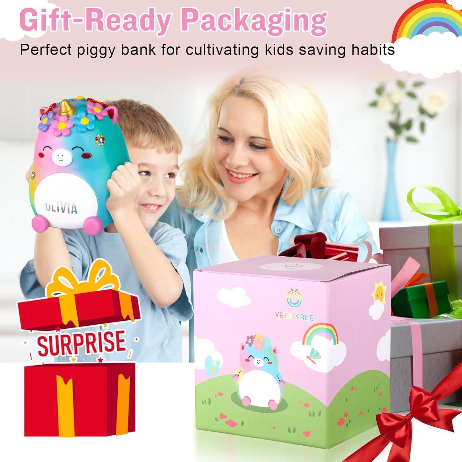 Unicorn Piggy Bank Girls – Cute Rainbow Kids Piggy Bank for Girls, Personalized Unbreakable Resin Coin Money Bank for Kids with Stickers for Toddlers