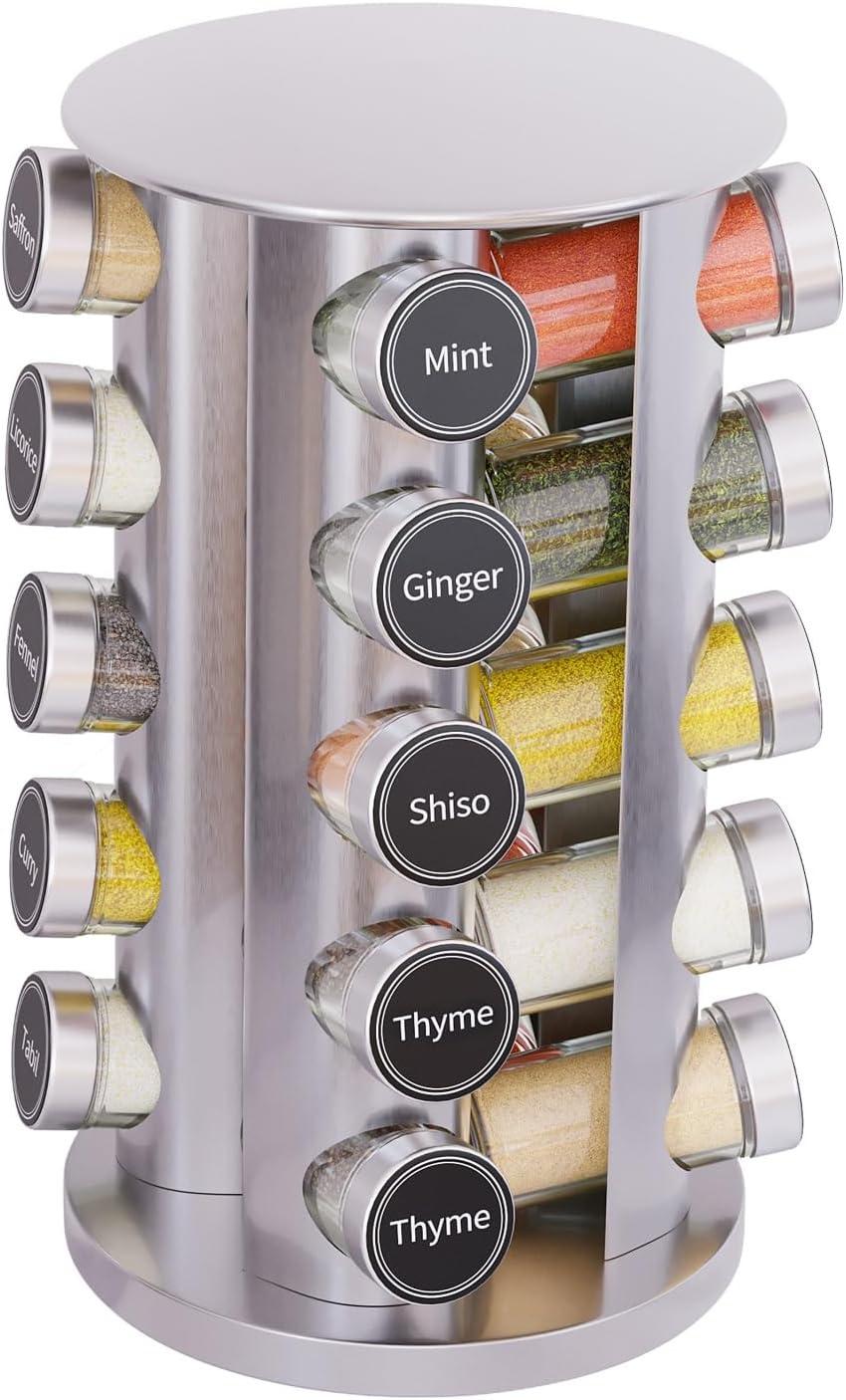 New England Stories Revolving Spice Rack Set with 20 Spice Jars - Kitchen Spice Tower Organizer for Countertop or Cabinet, Includes 386 Spice Labels, Rotating Desktop Seasoning Organizer