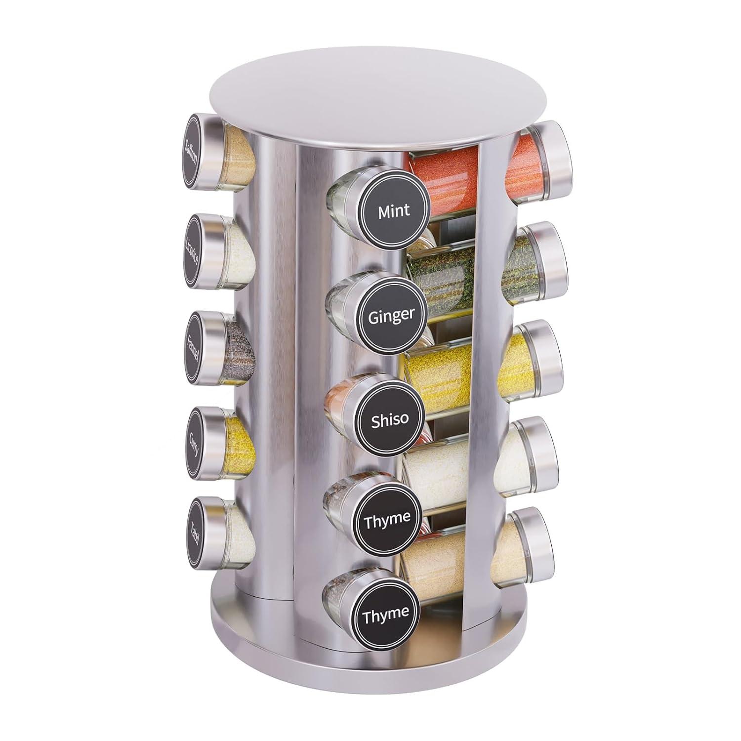 New England Stories Revolving Spice Rack Set with 20 Spice Jars - Kitchen Spice Tower Organizer for Countertop or Cabinet, Includes 386 Spice Labels, Rotating Desktop Seasoning Organizer