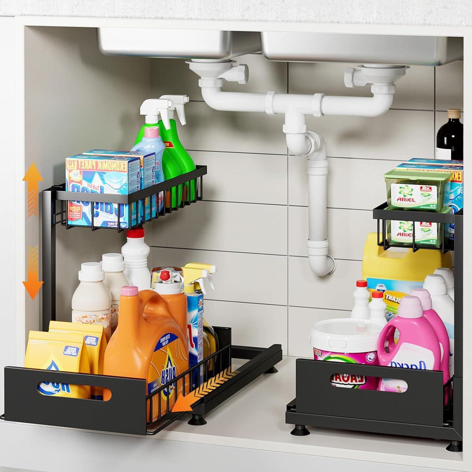 Rebrilliant Under Sink Organizer, 2 Tier Under Sink Organizers And Storage, Metal Slide Out Pull Out Cabinet Organizer ,2 Pack Sliding Drawer Organizer For Kitchen Bathroom Pantry