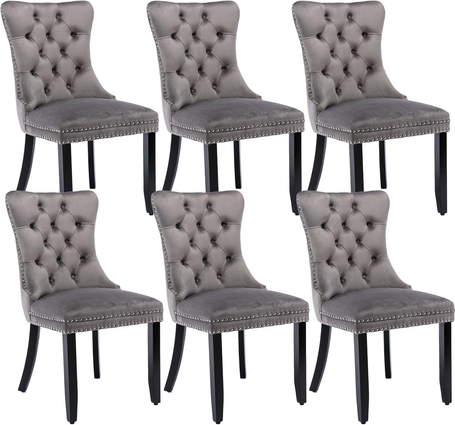 ODUSE-DAILY Grey Velvet Dining Chairs Set of 6, Kitchen & Dining Room Chairs, Sillas De Comedor, Nailheads Tufted, Fabric Upholstered, Solid Wood Frame (Gray, 6 Pcs)