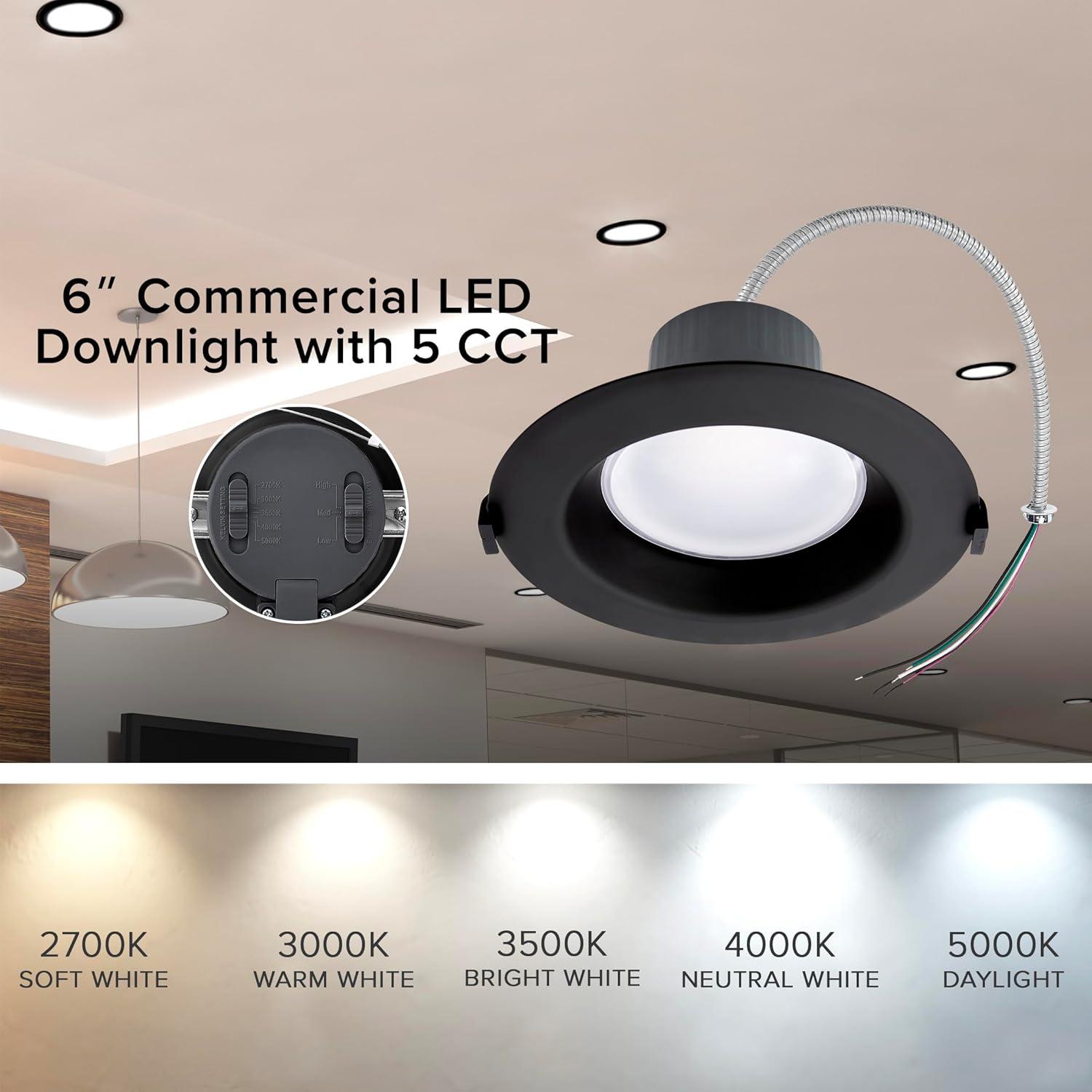 Maxxima 6 in. Recessed Commercial LED Downlight, Selectable Color Temperature / Wattage, Black Trim, Up To 1600 Lumens, UL Listed, 0-10V Dimmable