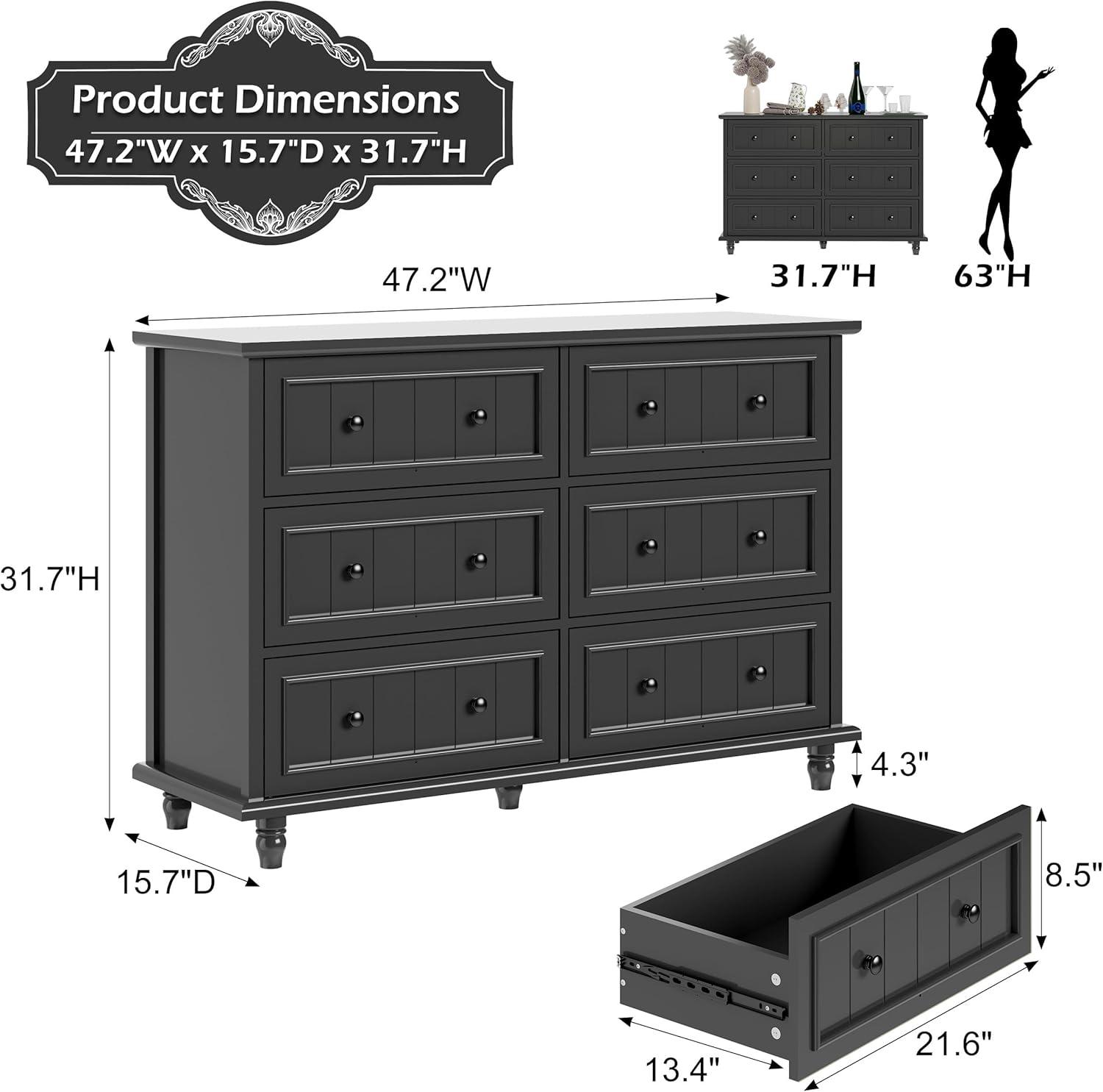 Scurrty 6 Drawer Dresser, Antique Chest of Drawers, Large Cabinet with Storage, Big Dresser for Clothes in Living Room, Bedroom (Black)
