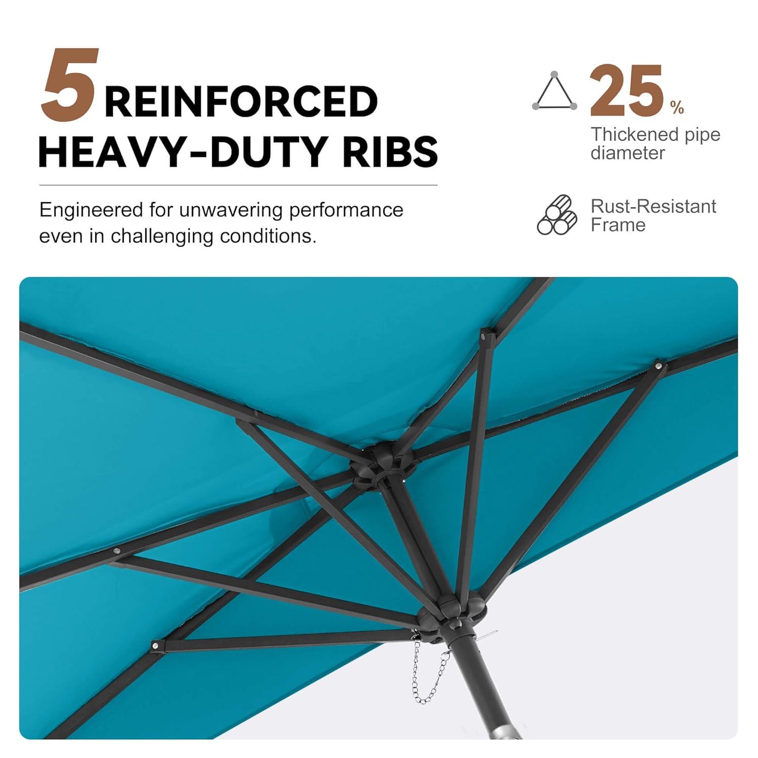 FLAME&SHADE 9 ft Half Round Solar Powered Outdoor Market Patio Table Umbrella for Wall Balcony with LED Lights and Tilt, Aqua Blue