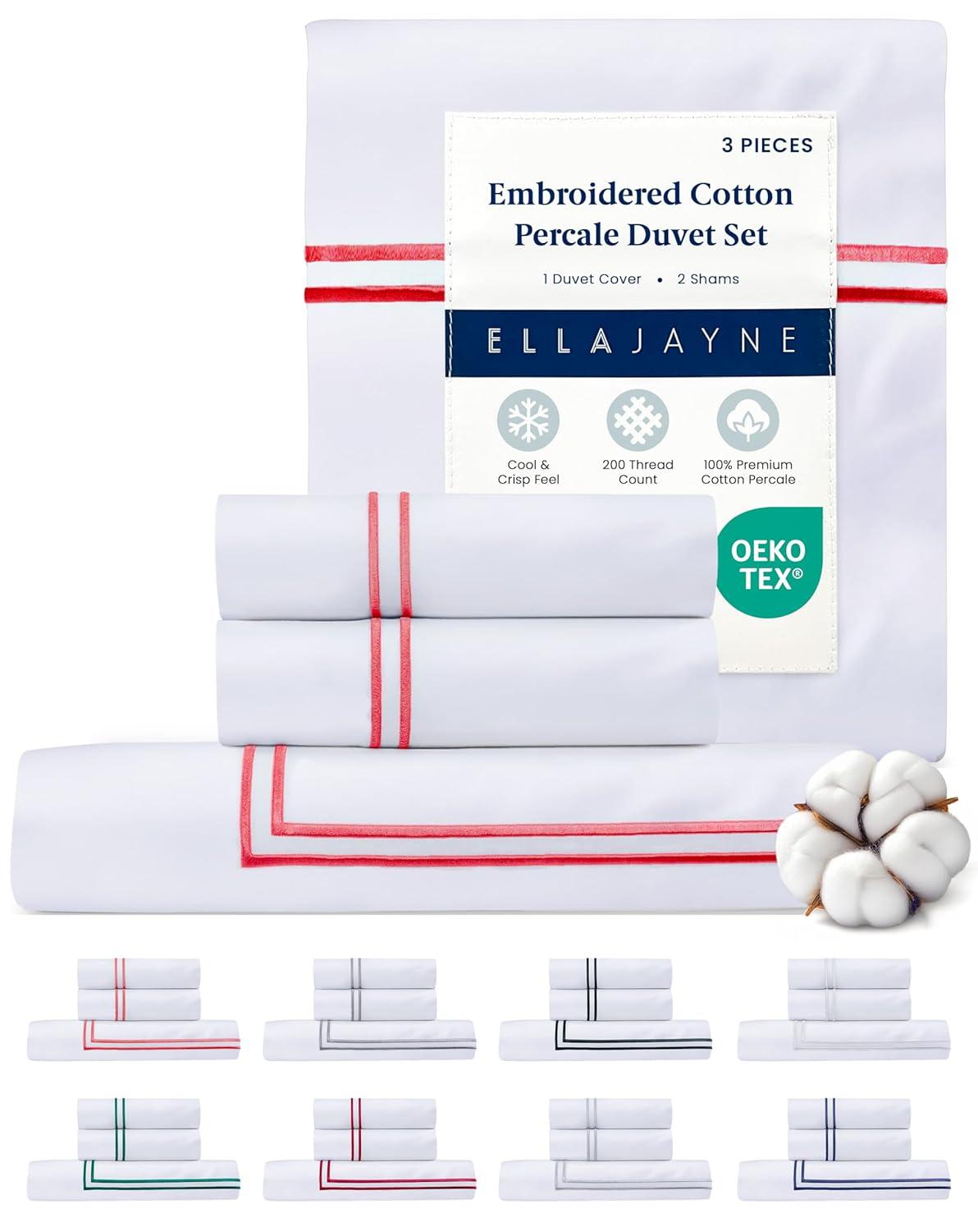 Ella Jayne 100% Cotton Percale 3 Piece Duvet Set, Full/Queen, White with Pink Satin Stitching