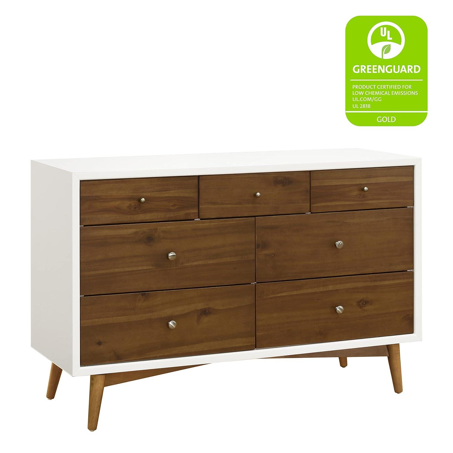 Warm White and Natural Walnut Mid-Century Double Dresser with Tapered Legs