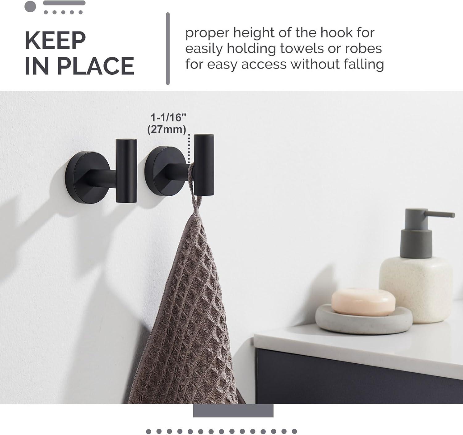 Angle Simple Matte Black Towel Hook 2 PCS, Stainless Steel Kitchen Bathroom Towel Holder, Round Coat Robe Hanger for Wall