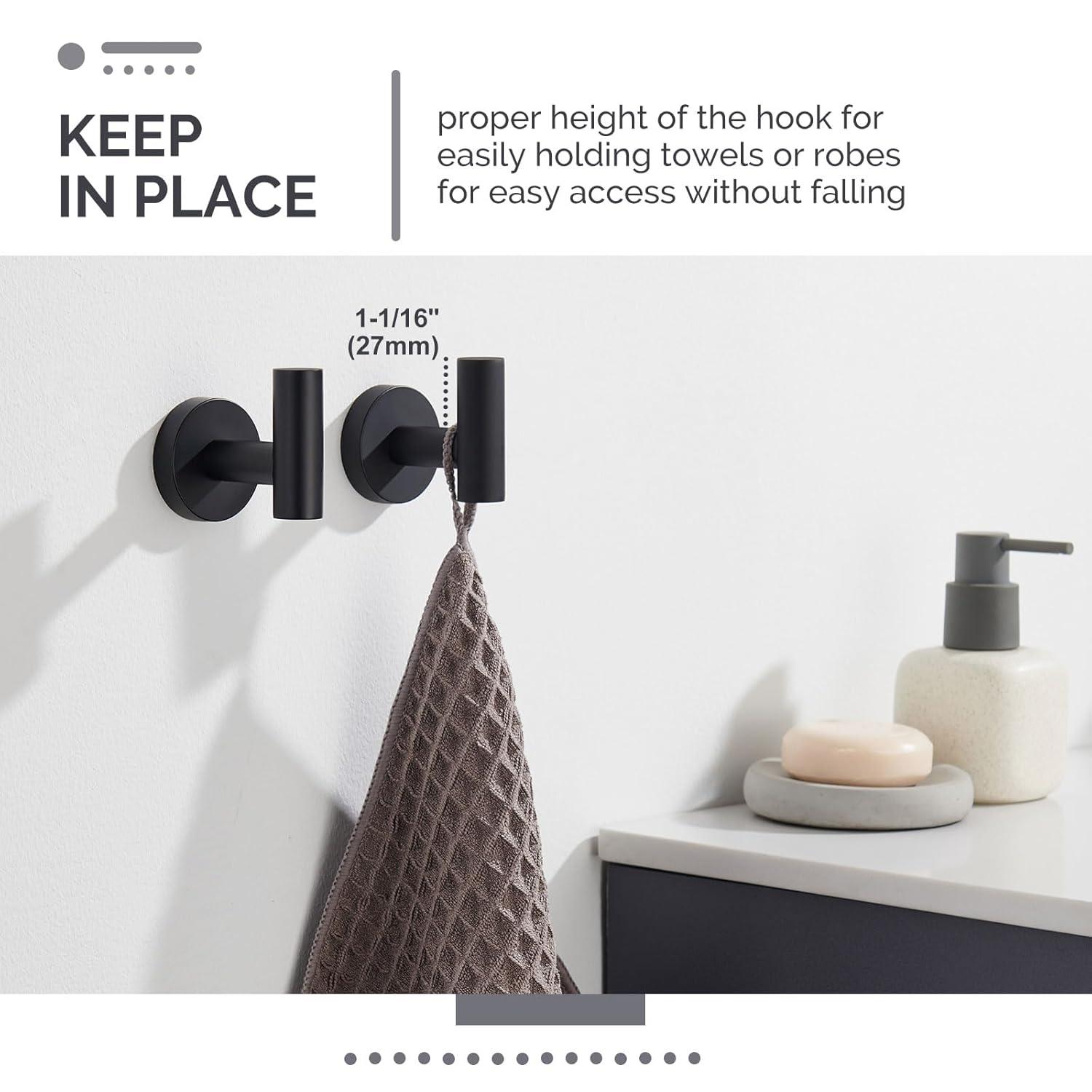 Angle Simple Matte Black Towel Hook 2 PCS, Stainless Steel Kitchen Bathroom Towel Holder, Round Coat Robe Hanger for Wall