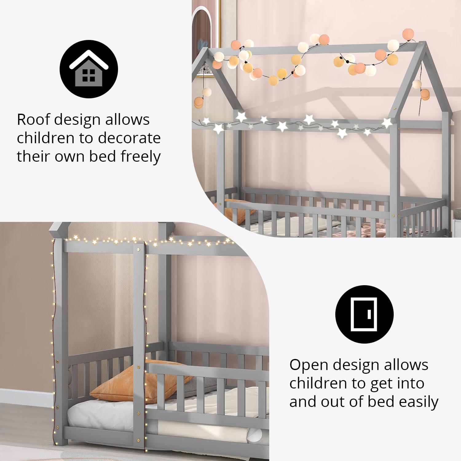 Twin Floor Bed for Kids, Wooden House Bed Frame with Roof, Fence Guardrails, Montessori Bed for Toddlers Girls Boys, Gray