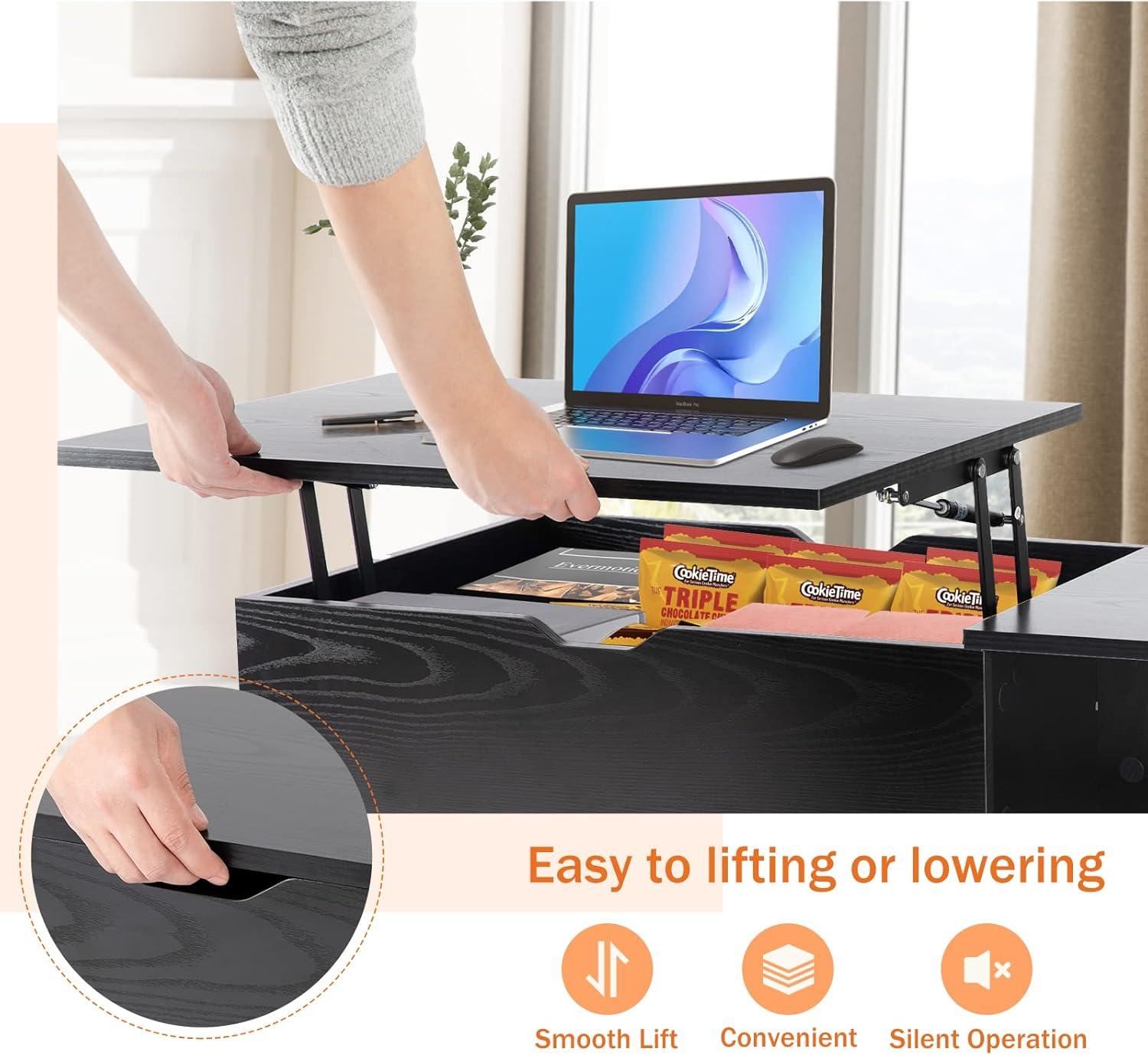 Sweetcrispy Plus Coffee Table, Lift Top Coffee Tables for Living Room, Rising Tabletop Wood Dining Center Tables with Storage Shelf and Hidden Compartment