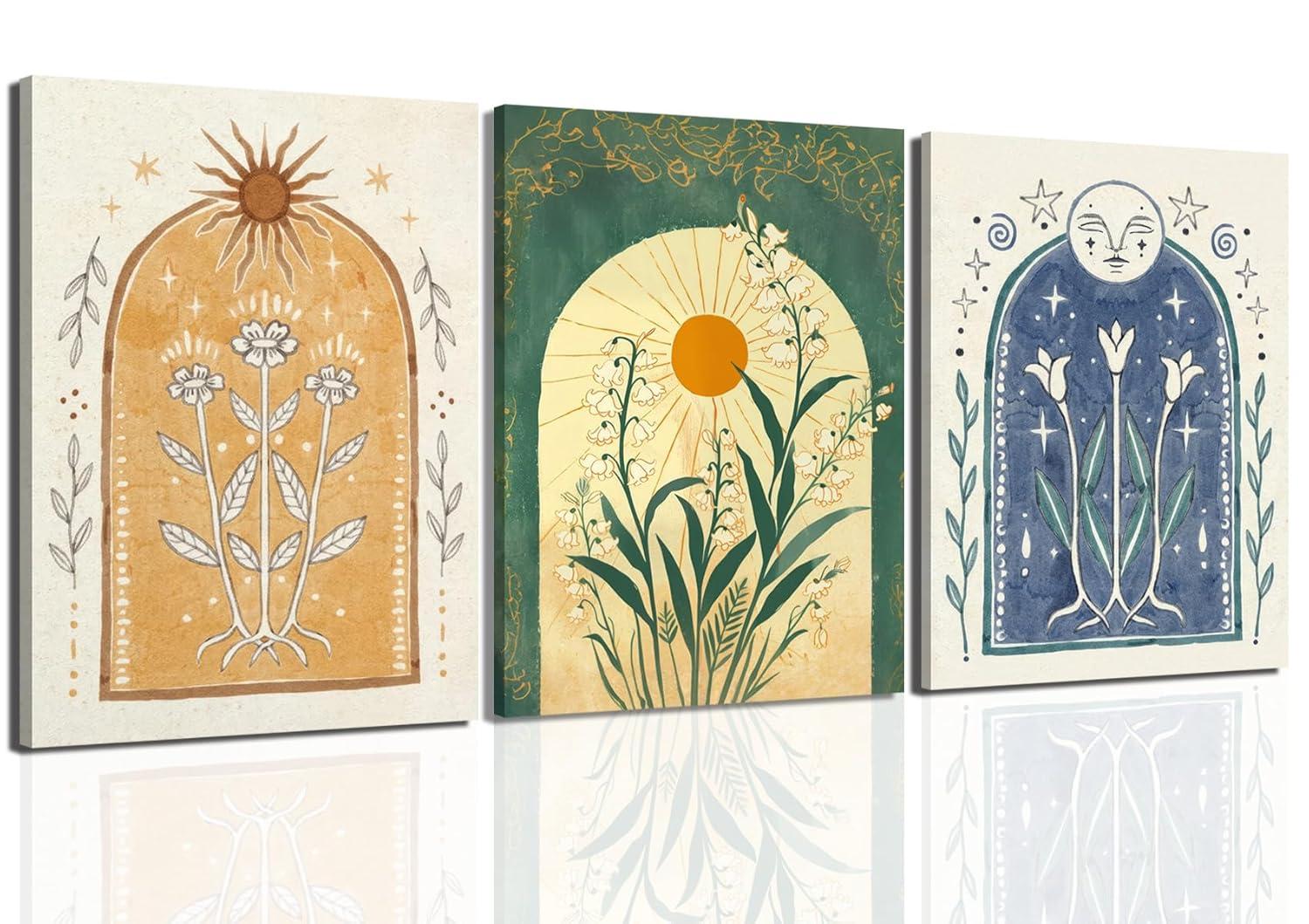 Lark Manor™ 3 Pieces Minimalism Botanical Canvas Wall Art Pink Flowers Line Plants Pictures Wall Decor Posters Print Artwork For Room Living Room Bedroom Bathroom Office Home Decoration