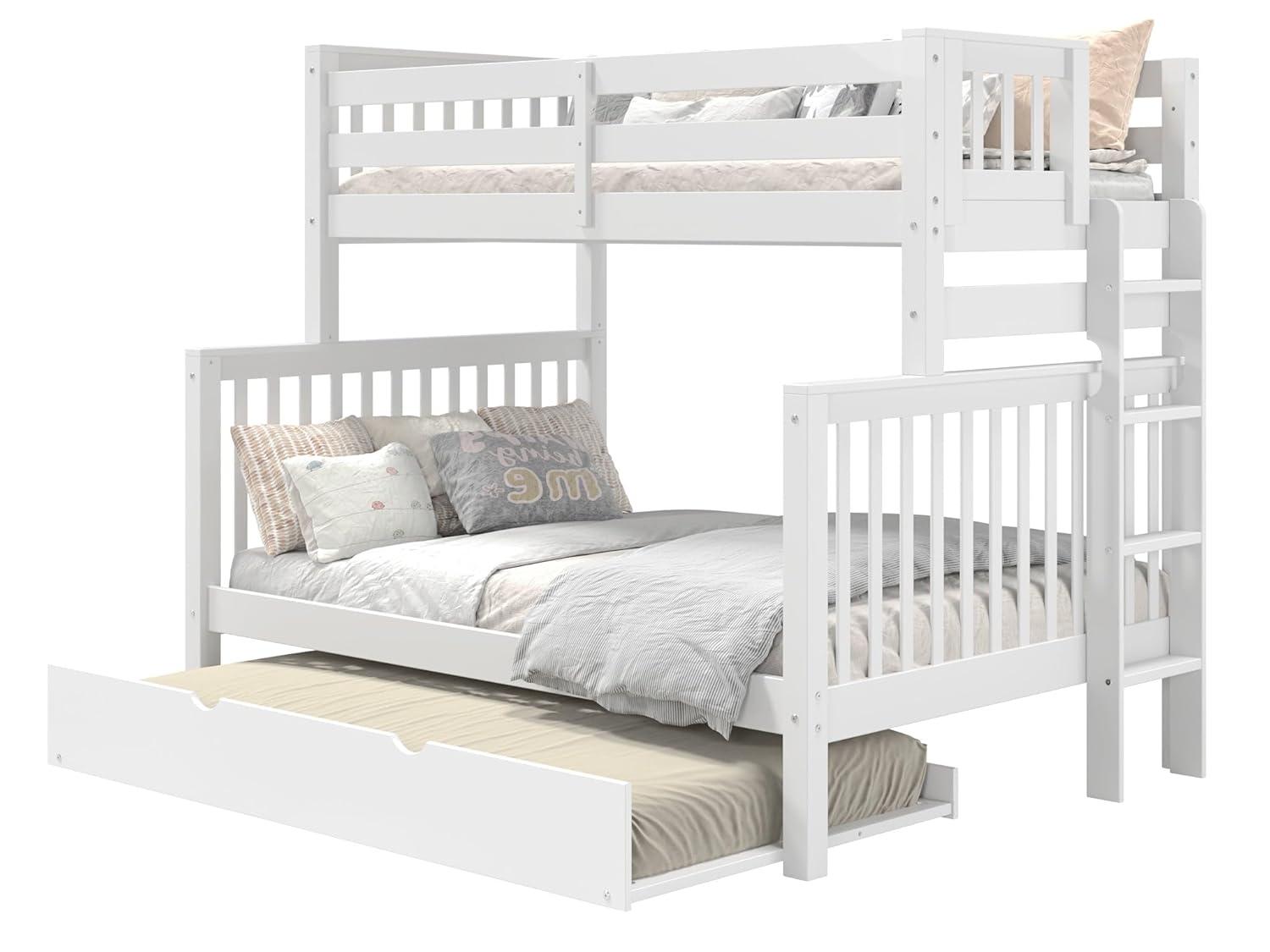 Bedz King Bunk Beds Twin over Full Mission Style with End Ladder and a Twin Trundle, White