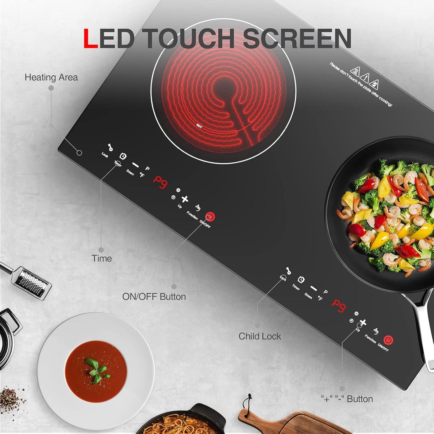 2400w Electric Cooktop, 24" Electric Stove 2 Burner Hot Plate Built-in Double Burner Cooktop with LED Touch Screen,9 Heating 9 Temperature,Kids Lock & Timer,Suitable for all Pans