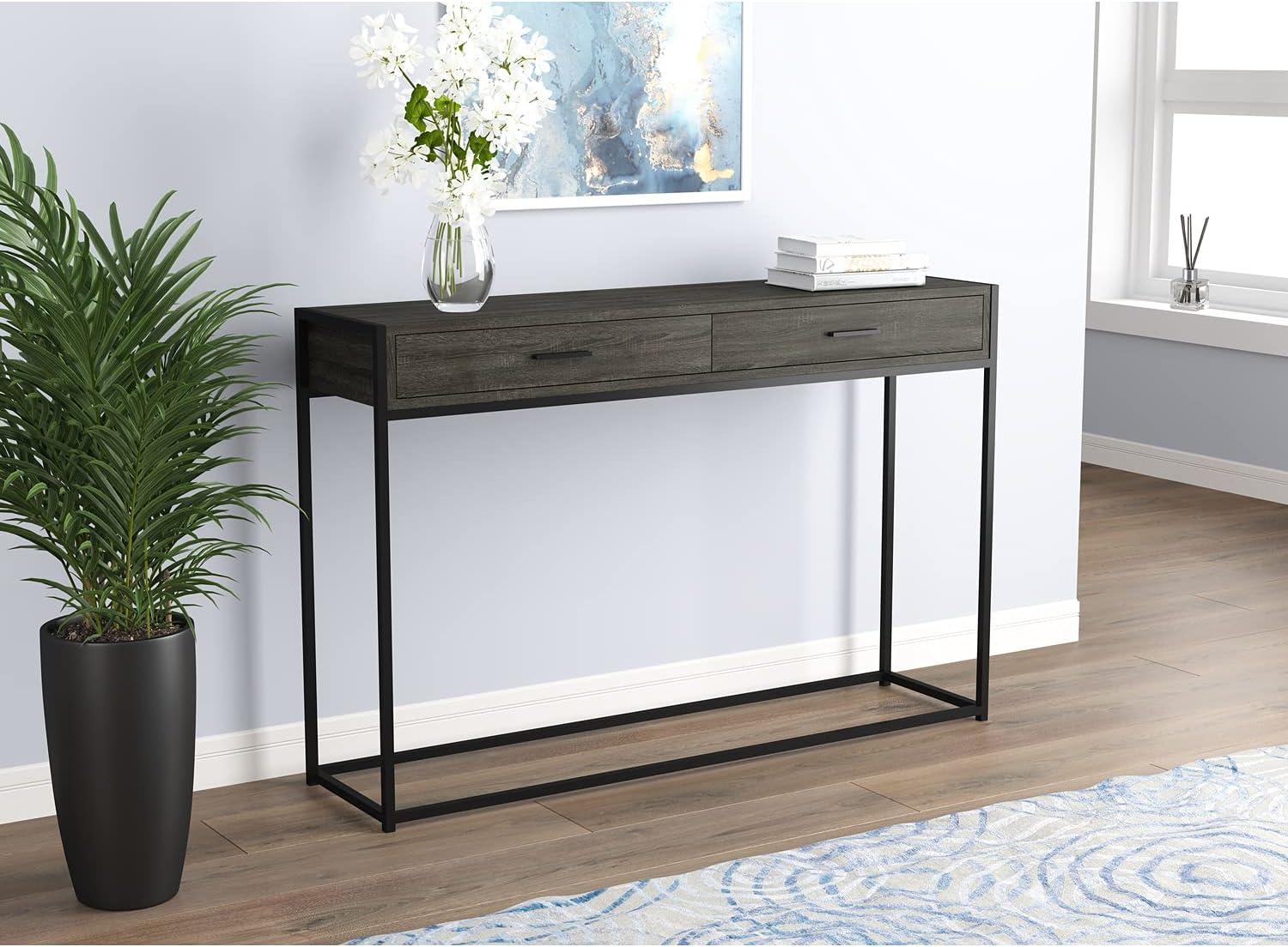 Modern Black Metal and Dark Grey Wood Console Table with Storage