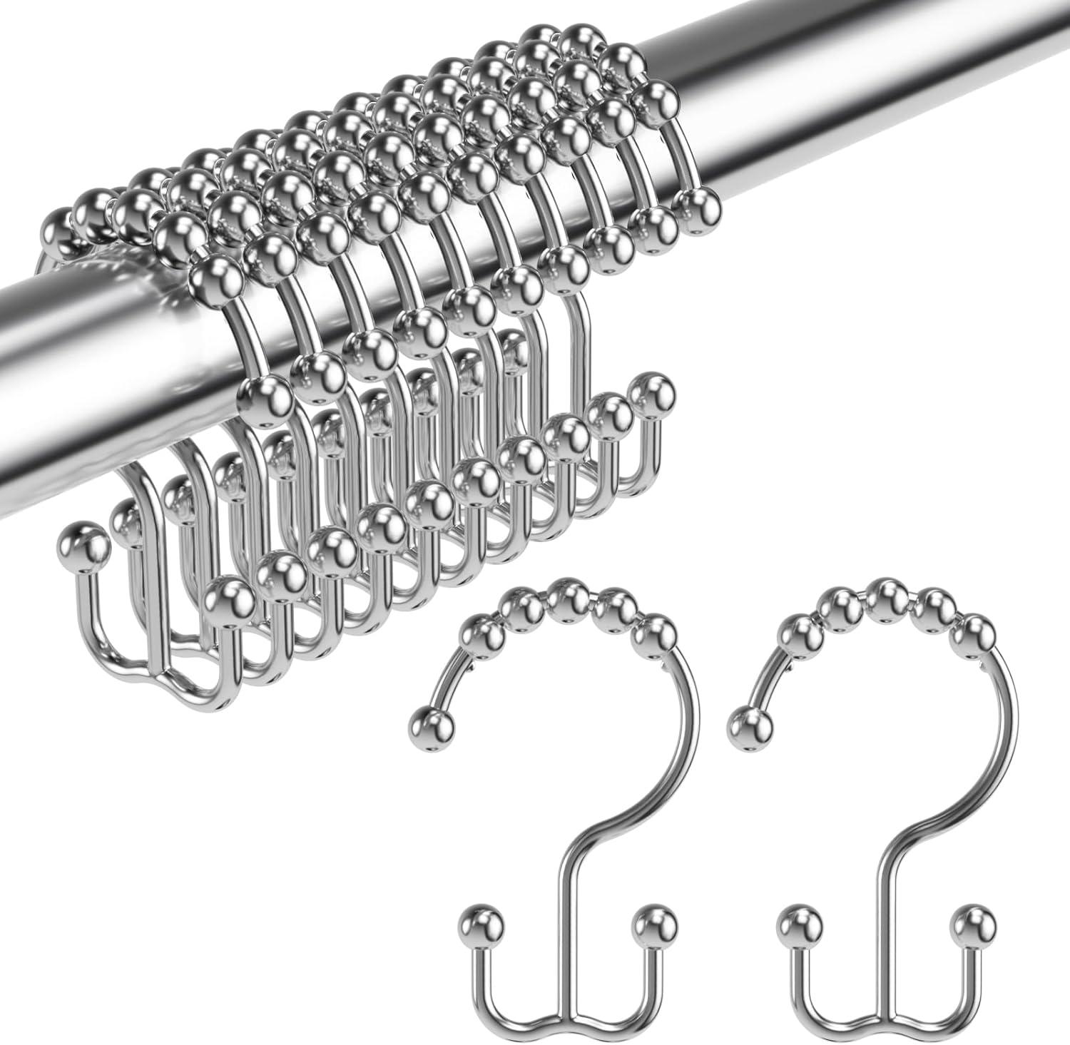 Polished Chrome Rust-Resistant Stainless Steel Double Shower Curtain Hooks, Set of 12