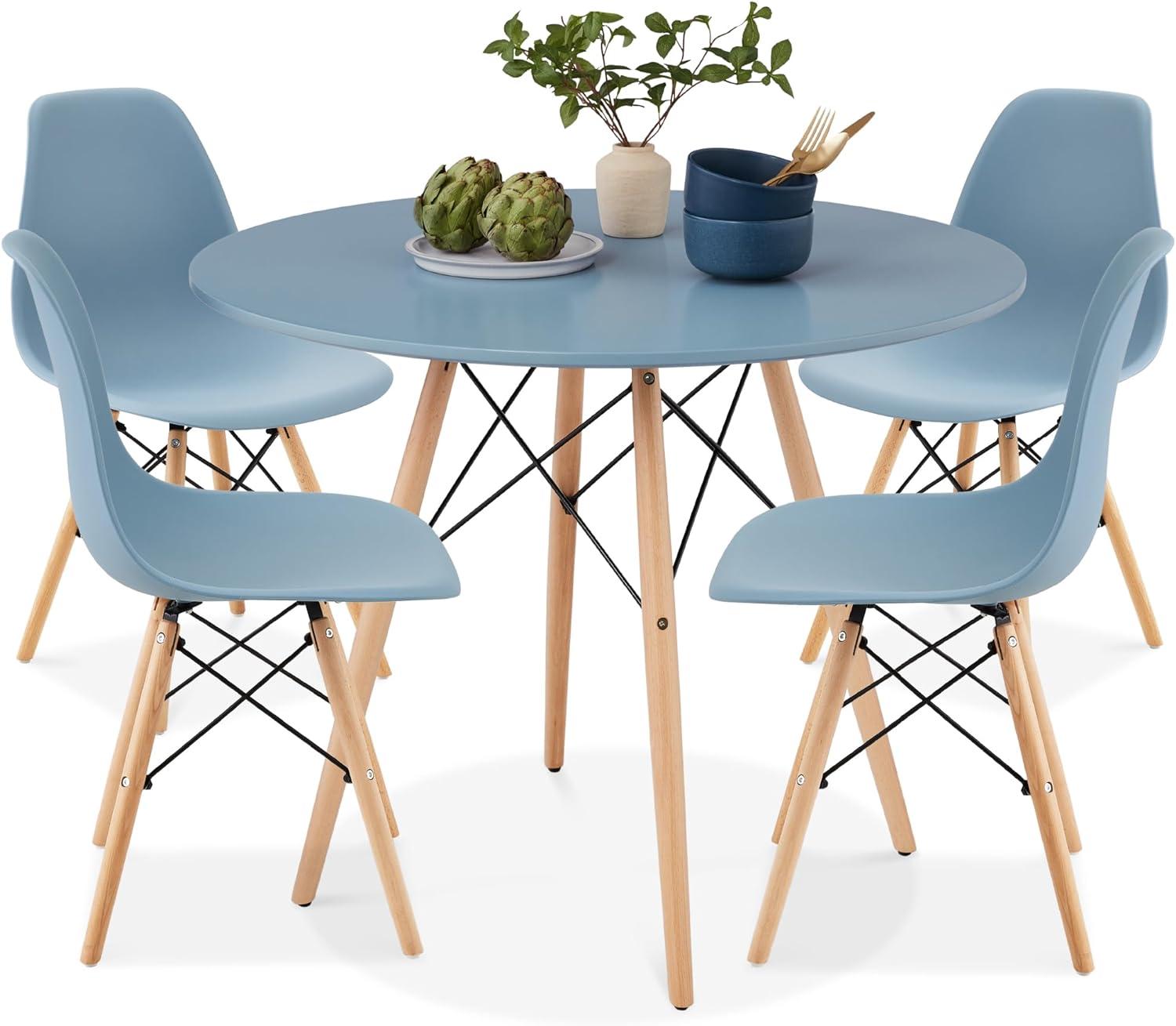 Blue and Oak Mid-Century Modern 5-Piece Dining Set with Beech Wood Legs