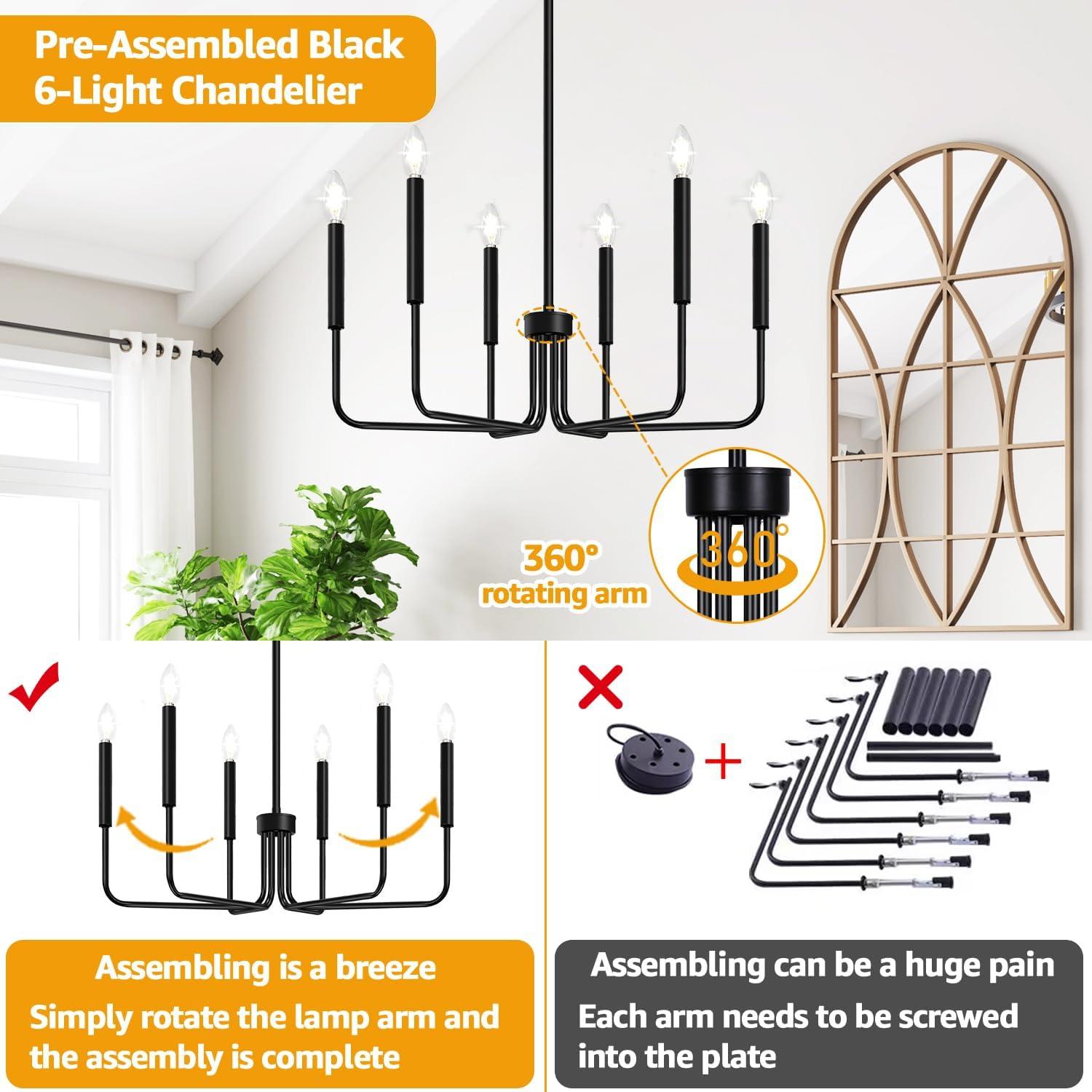 Farmhouse Chandelier Pendant Lighting Black Pendant Light Fixtures 6-Light Industrial Iron Chandeliers for Kitchen Island, Foyer, Living Room, Dining Room