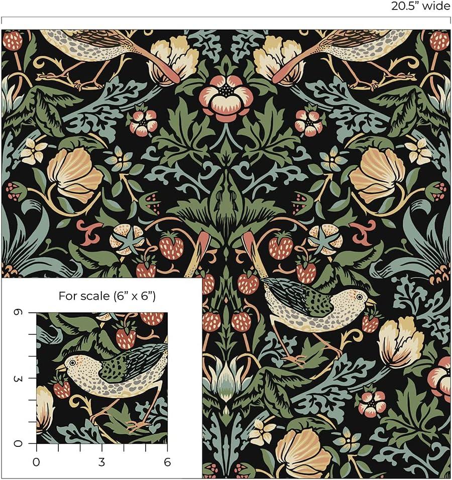 NextWall Aves Garden Peel and Stick Wallpaper Black: Whimsical Vintage Bird & Floral Design, Repositionable, Washable