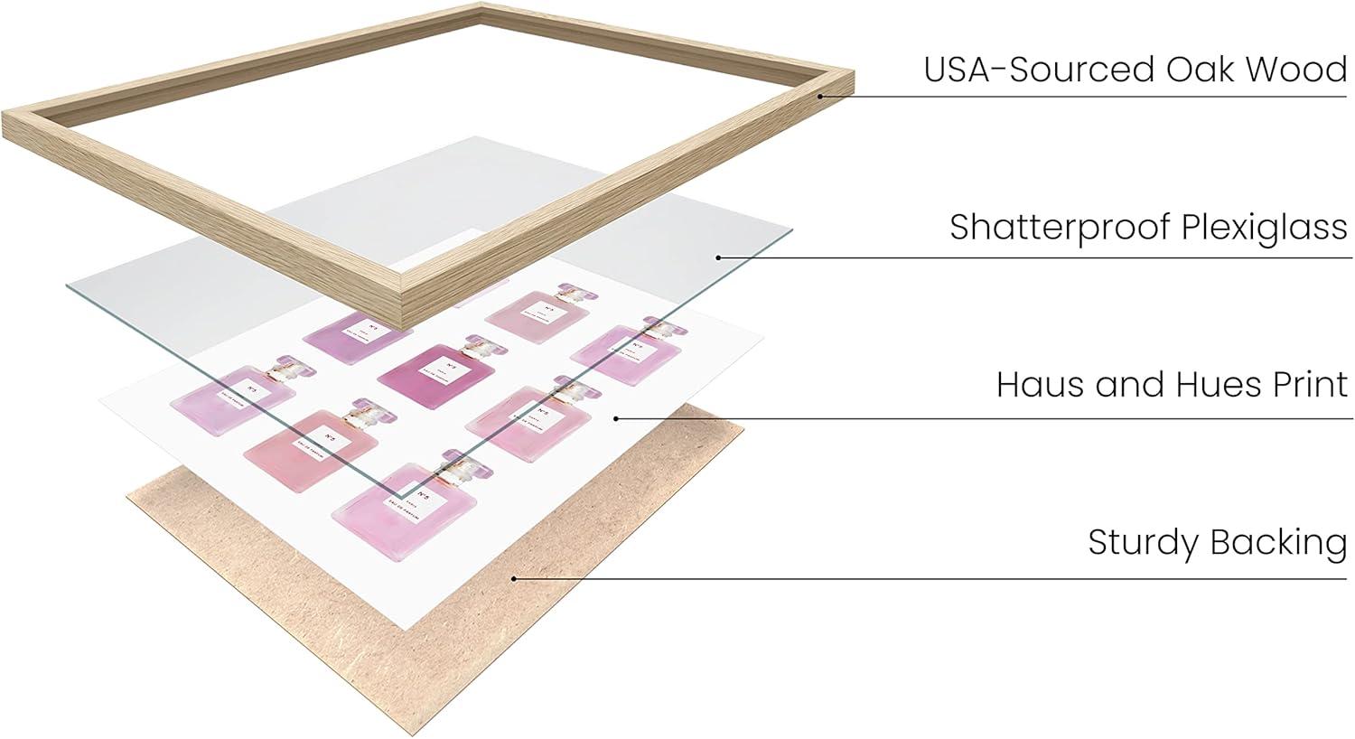 HAUS AND HUES Wall Art Eau De Parfum | Blush Pink Wall Decor Fashion Wall Art for Women Pink Wall Art for Bedroom Vanity Room Wall Art | BEIGE FRAMED 12” x16”