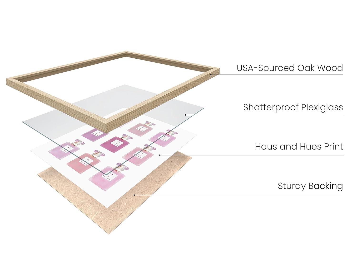 HAUS AND HUES Wall Art Eau De Parfum | Blush Pink Wall Decor Fashion Wall Art for Women Pink Wall Art for Bedroom Vanity Room Wall Art | BEIGE FRAMED 12” x16”