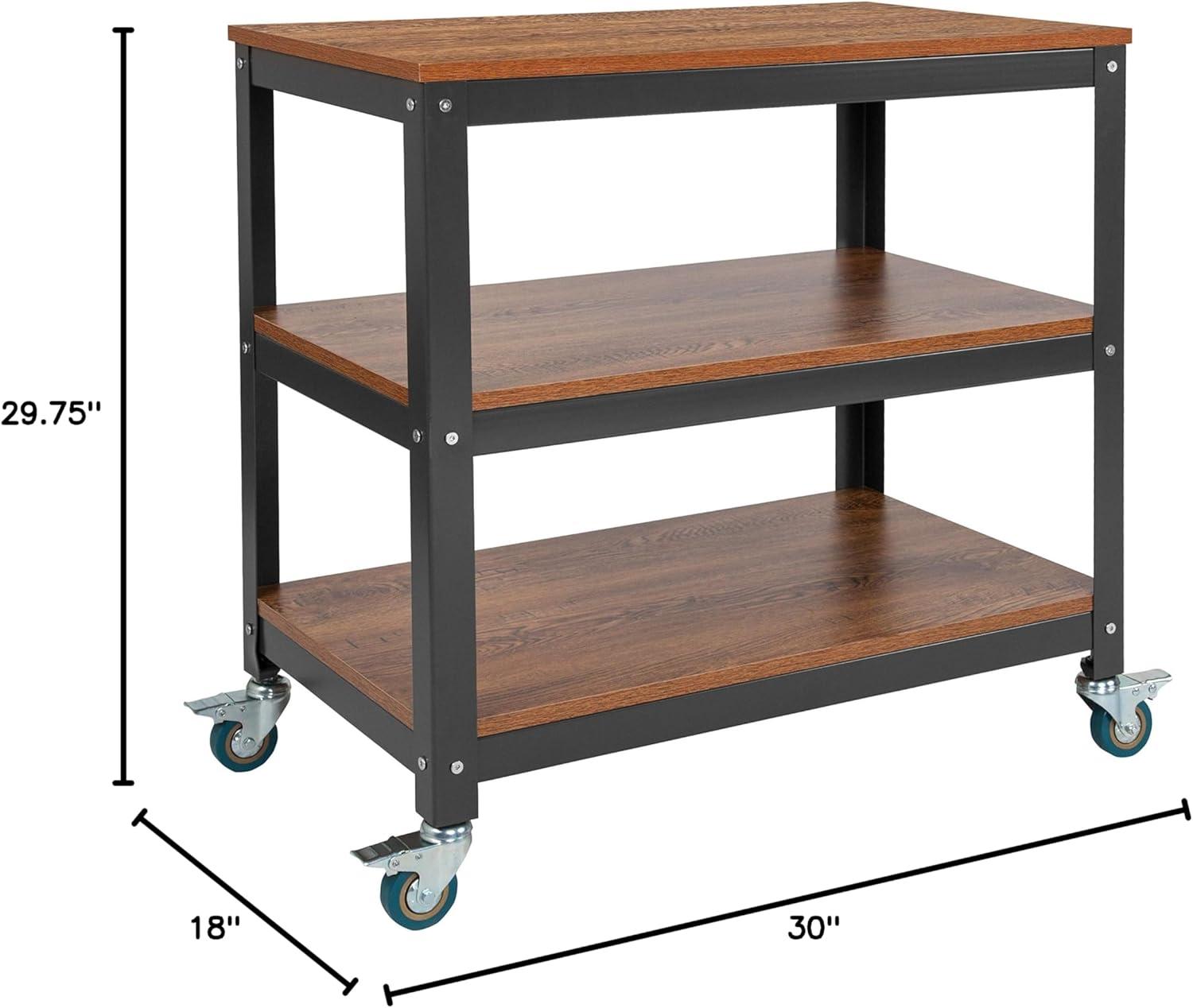 Flash Furniture Livingston Collection 30"W Rolling Storage Cart with Metal Wheels in Brown Oak Wood Grain Finish