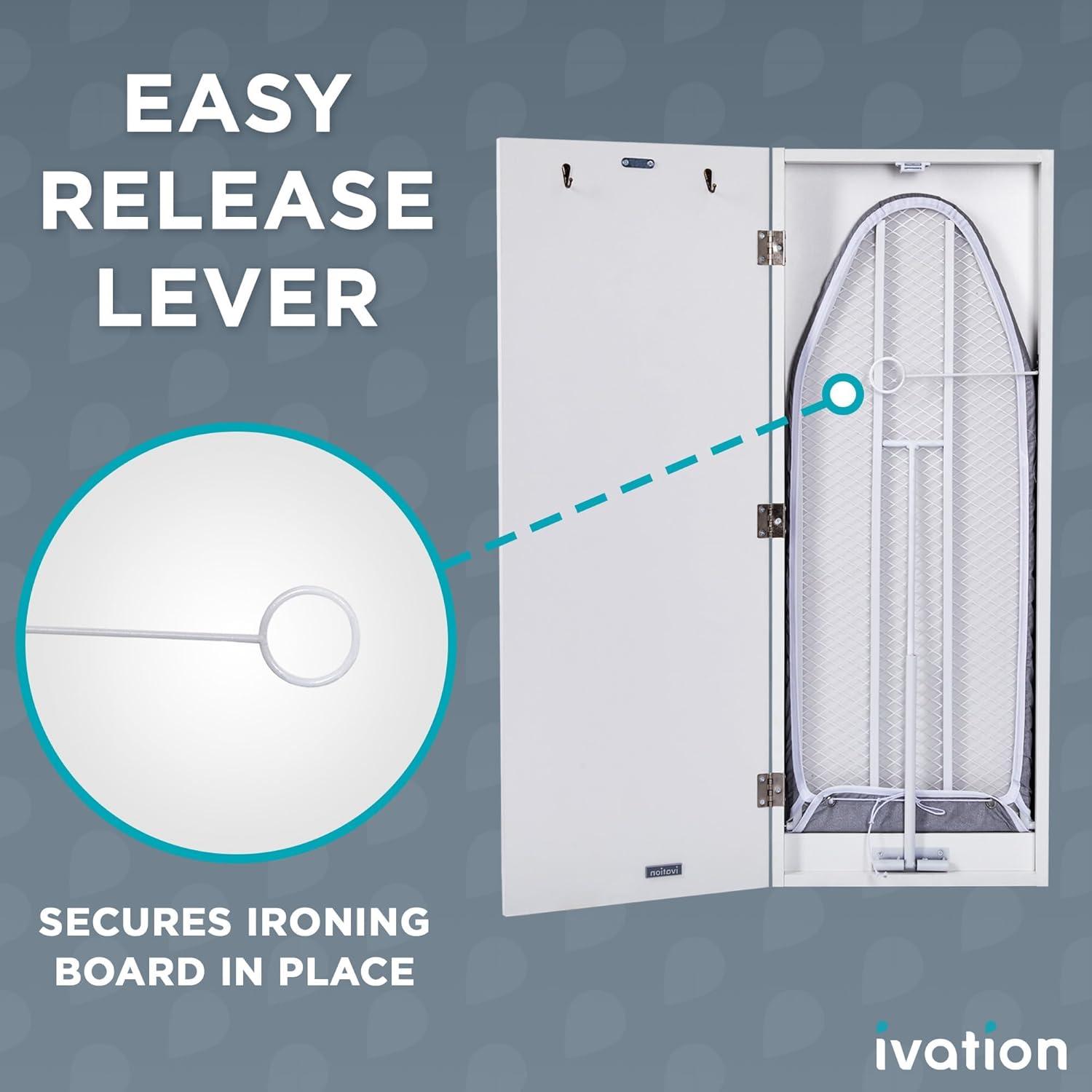 Ivation Ironing Board, Wall Mounted Ironing Board Cabinet W/Left Side Door, Mirror & Lever, White