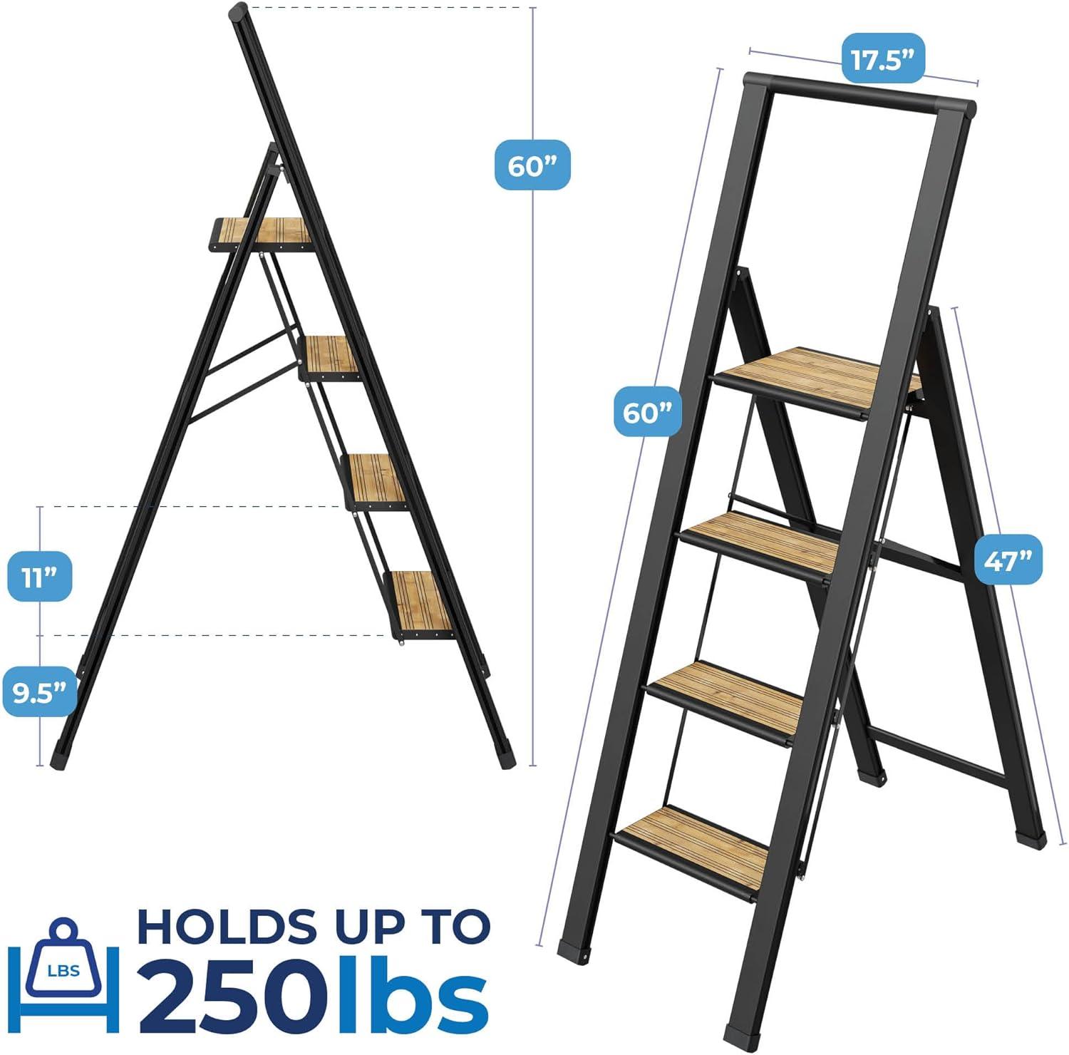 Step Ladder 4 Step Modern  - Beautiful Bamboo & Black Aluminum  - By SORFEY