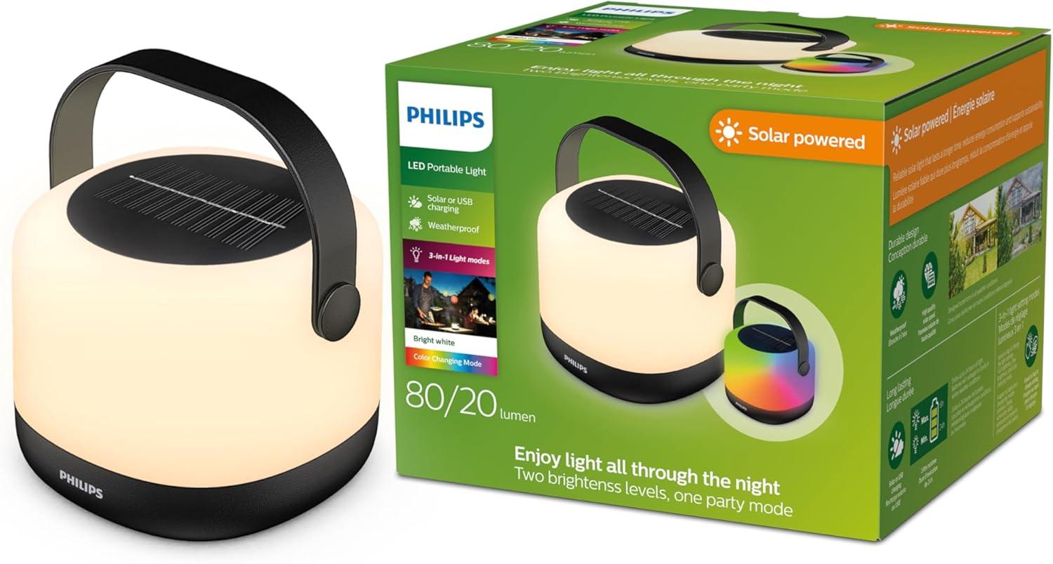 PHILIPS LED Waterproof Solar Lantern - Bright White and Color Changing Camping Light - Rechargeable Camping Essentials - 1 Pack