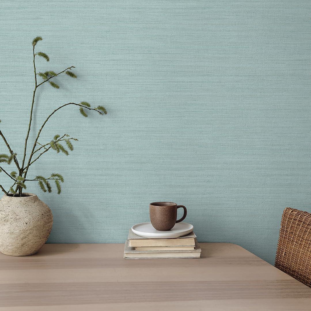 Tempaper & Co.® Faux Horizontal Grasscloth Removable Peel and Stick Wallpaper, Textured Seaglass, 28 sq. ft.: Vinyl, Prepasted
