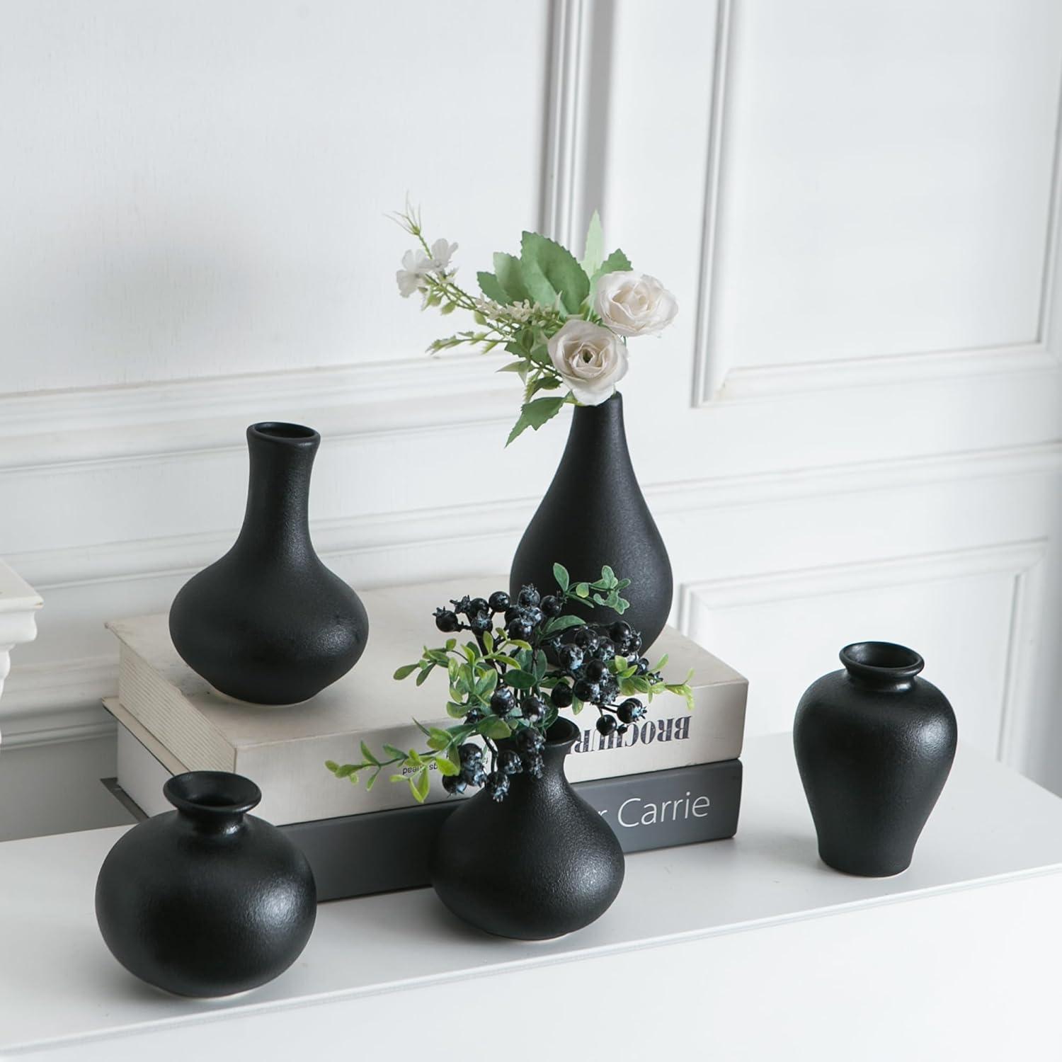 Ivy Bronx Small Black Vases, Ceramic Bud Vase Set Of 5, Mini Pottery Vases For Pampas Grass, Flowers, Decorative Vases (Set of 5)