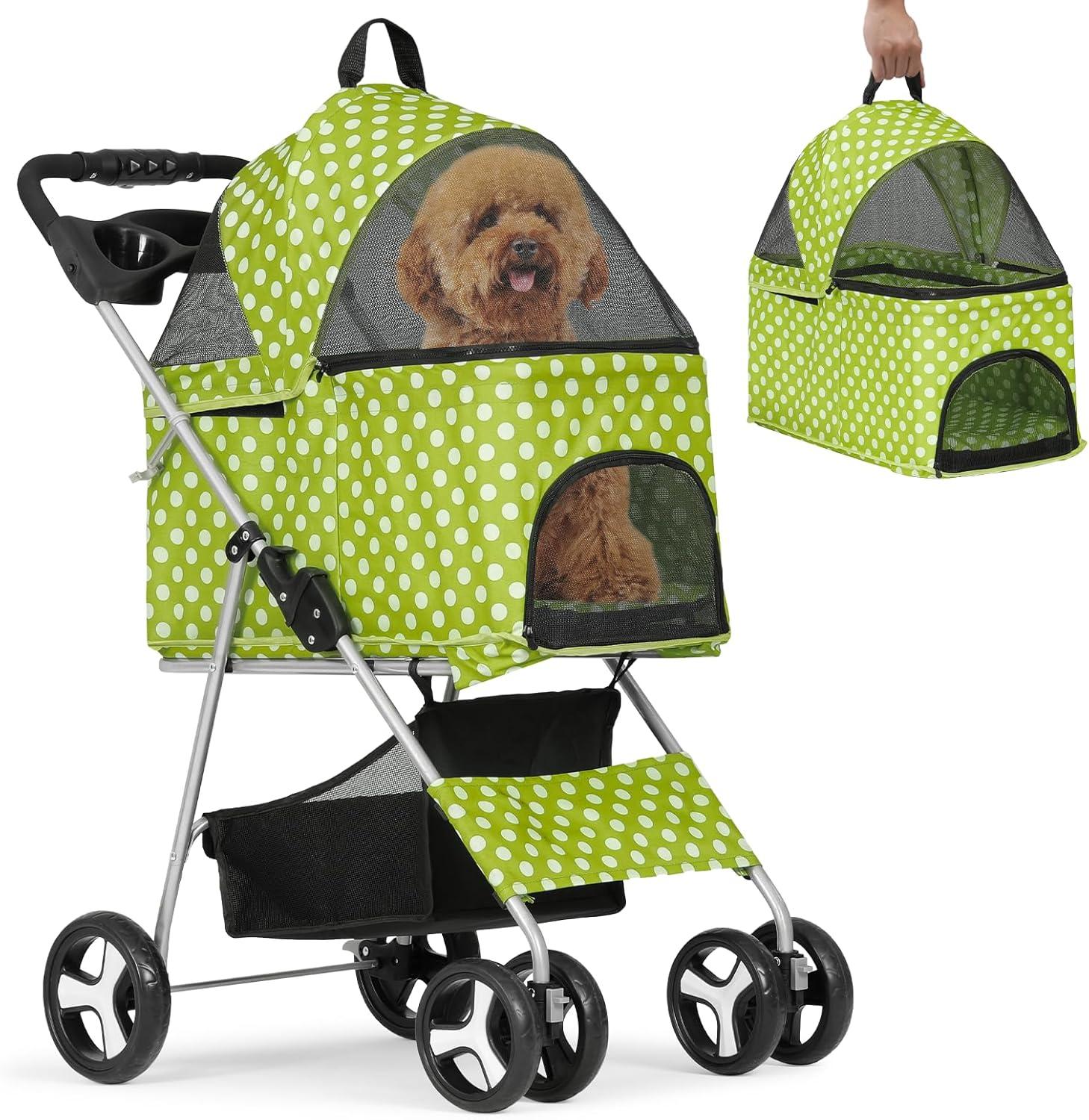 MoNiBloom 4 Wheel Foldable Dog Pet Stroller with Cup Holder, Lawn Green with White Polka Dots