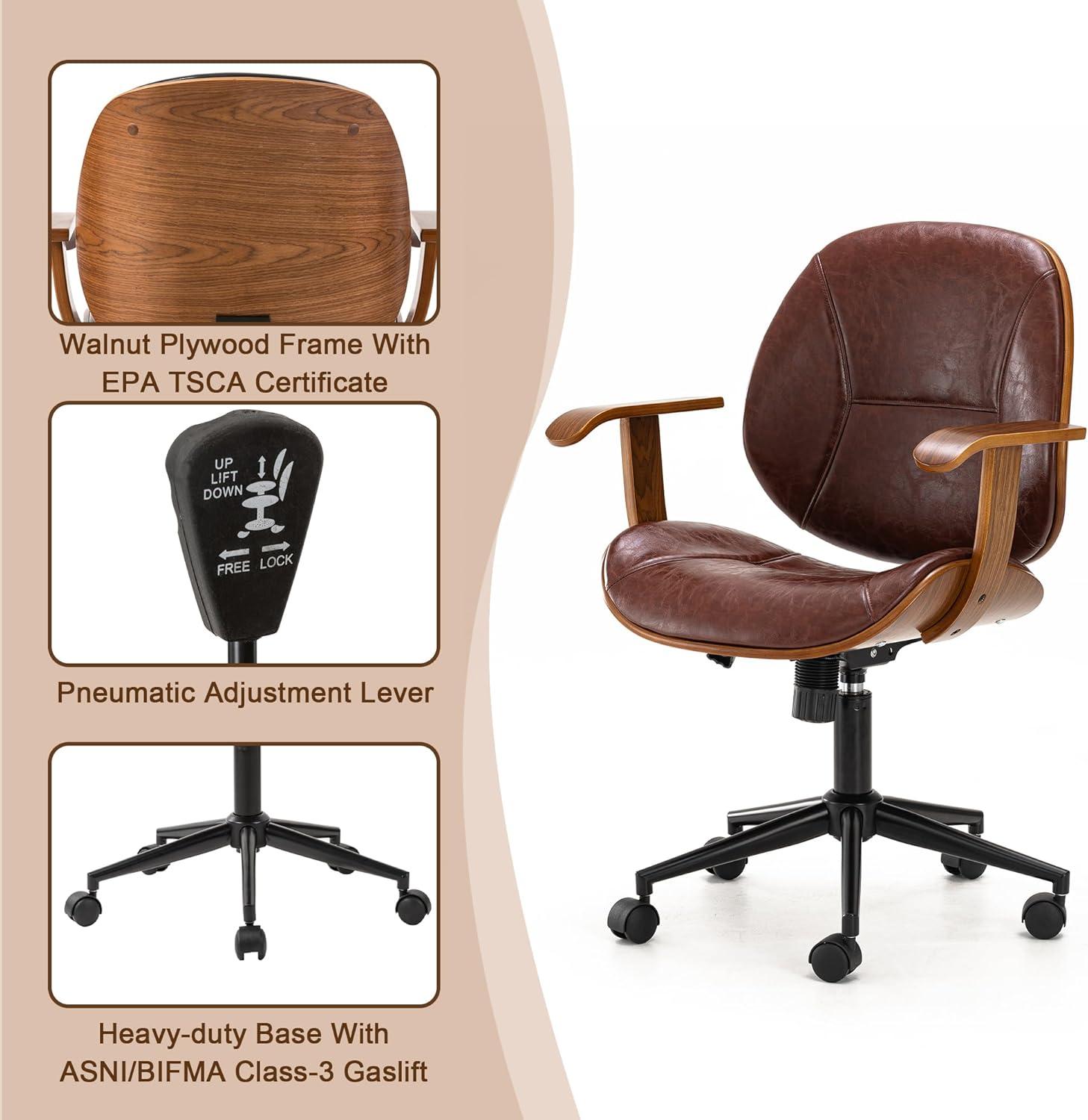 Glitzhome Leather Home Office Chair with Arm, Mid-Back Adjustable Executive Swivel Desk Task Chair,Beige